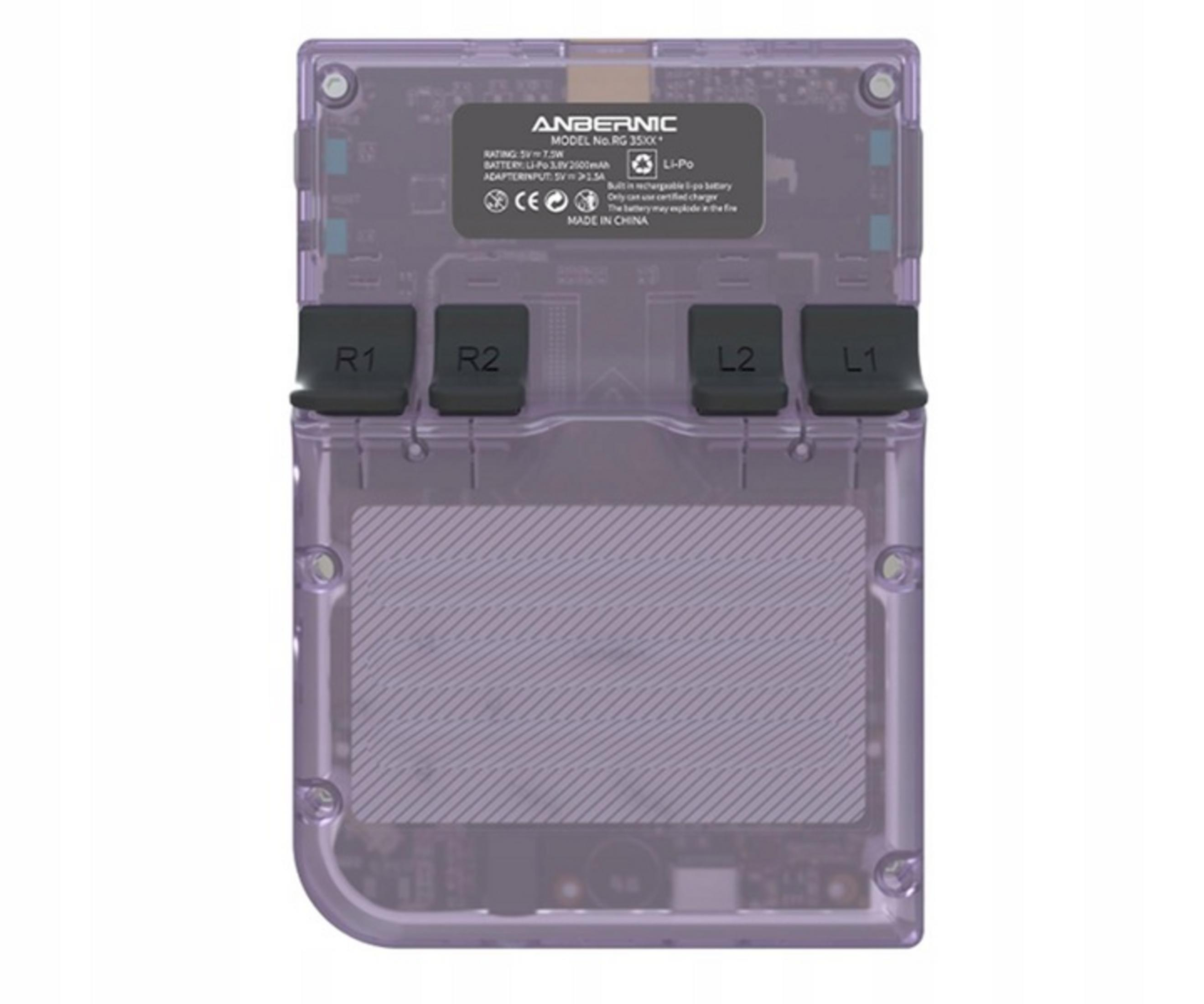 Consola de videojuegos portátil RG35XX morada transparente con botones L1, L2, R1, R2 arriba.