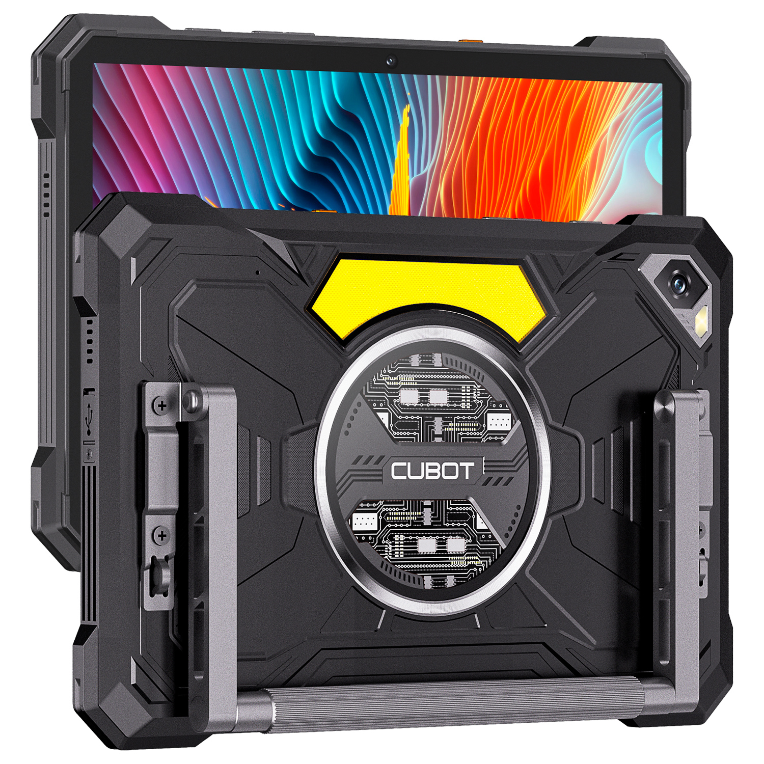 Wytrzymały tablet z żółtymi akcentami, aparatem i stojakiem.