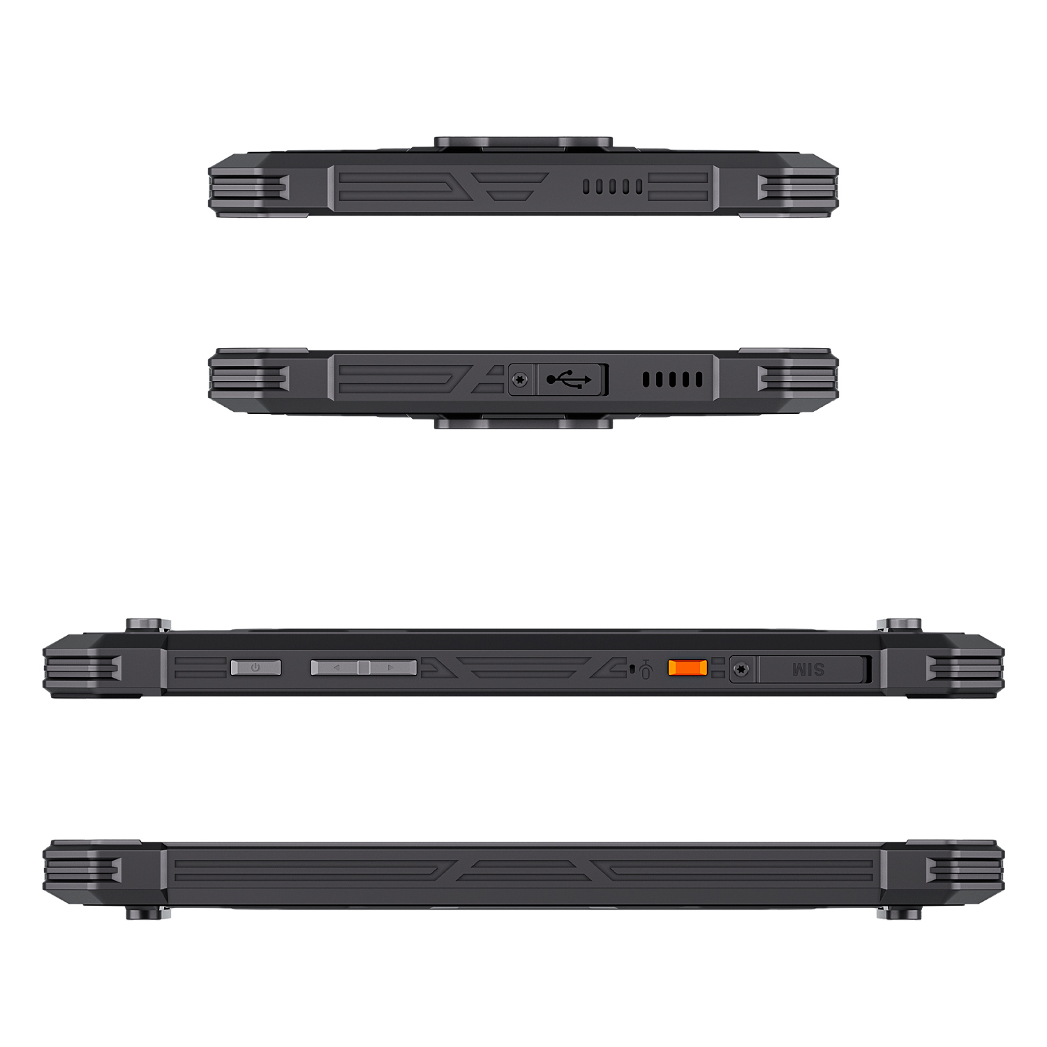 Cztery widoki czarnego, wytrzymałego smartfona, pokazujące porty i przyciski po bokach.