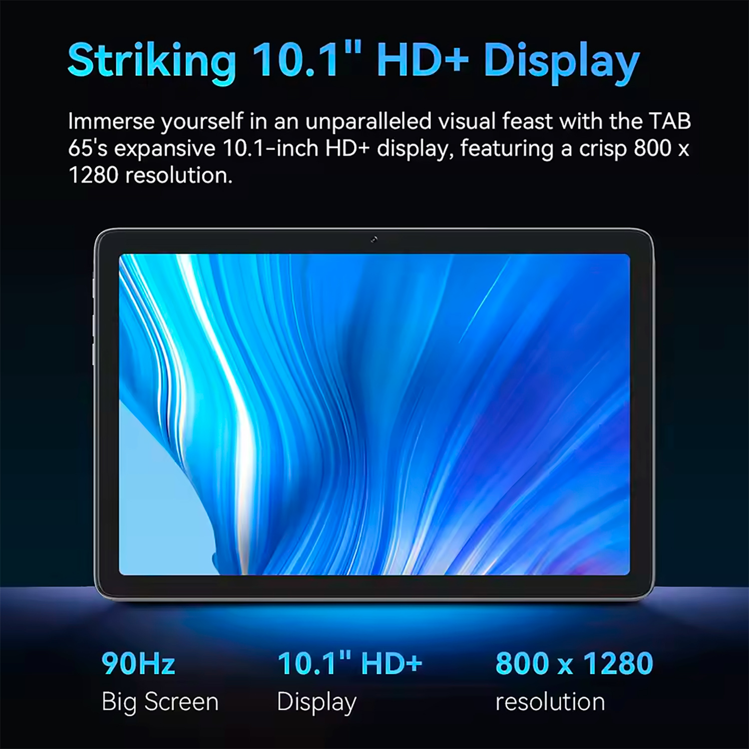 Tablet z ekranem HD+ 10,1 cala, 90 Hz, rozdzielczość 800x1280.