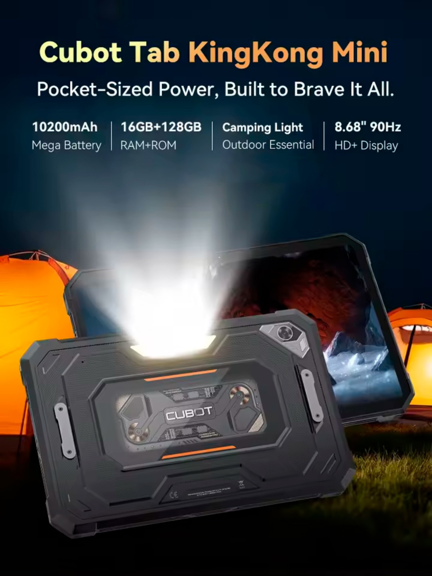 Wytrzymały tablet Cubot Tab KingKong Mini świeci na zewnątrz w pobliżu namiotów.