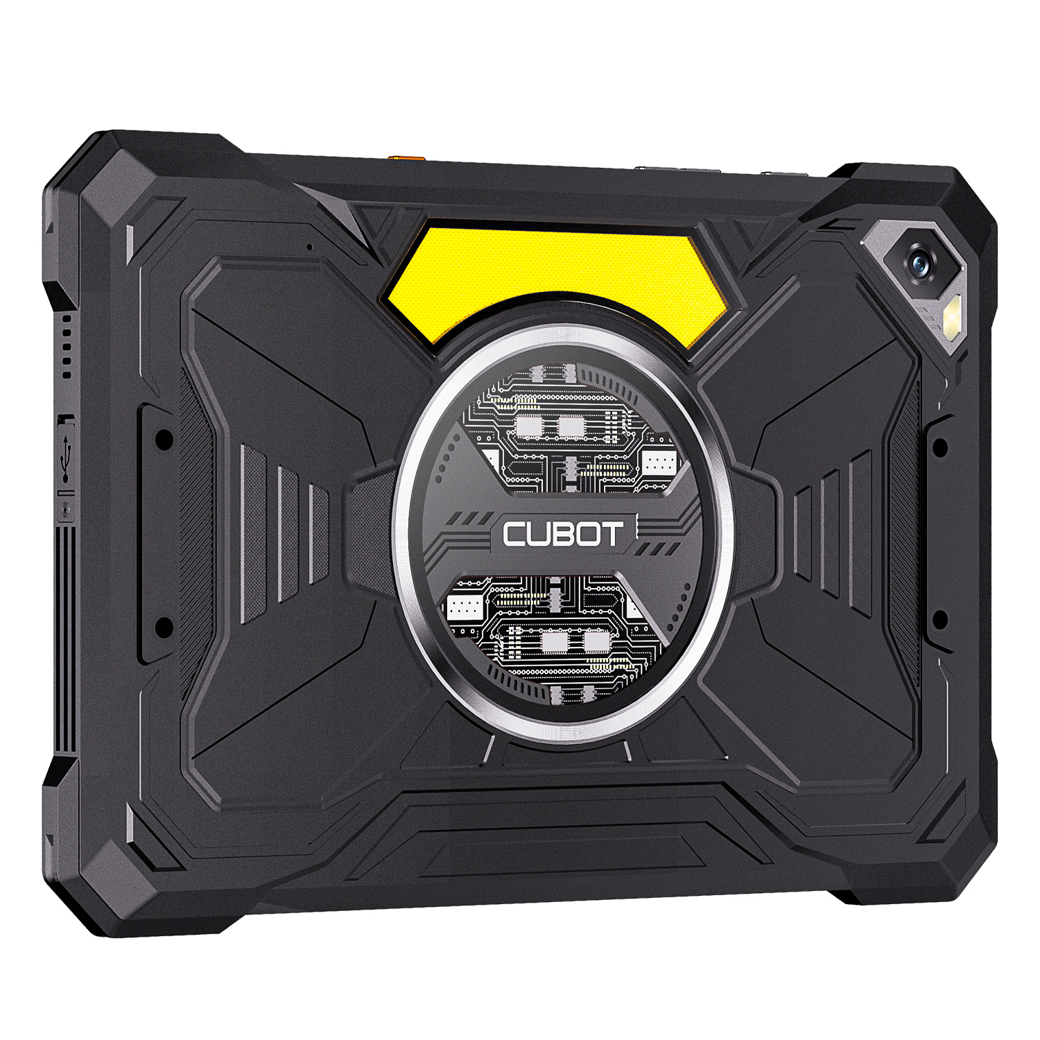 Wytrzymały czarny tablet z żółtym akcentem, aparatem i lampą błyskową.