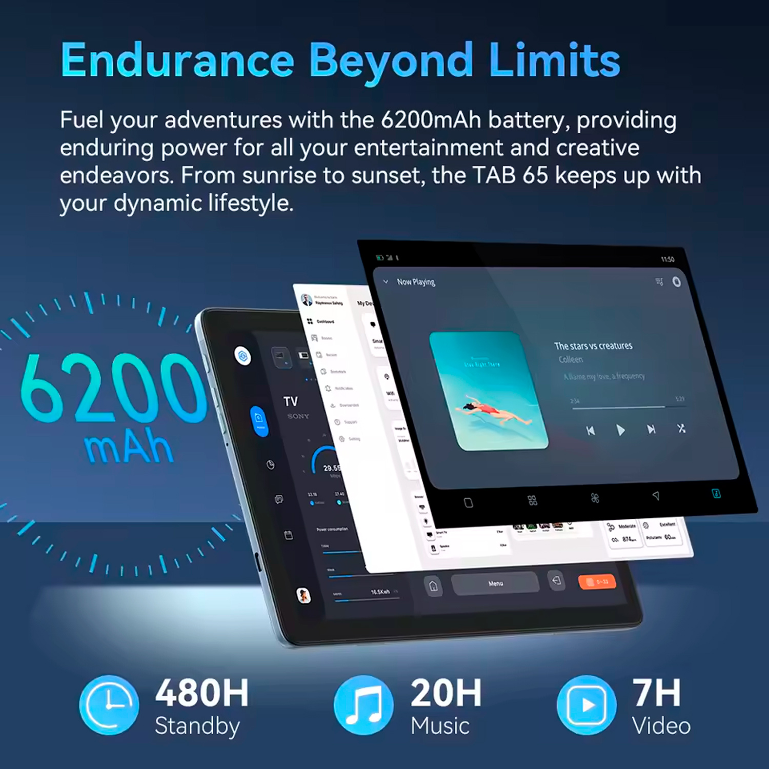 Tablety z baterią 6200mAh, 480H czuwania, 20H muzyki, 7H wideo.