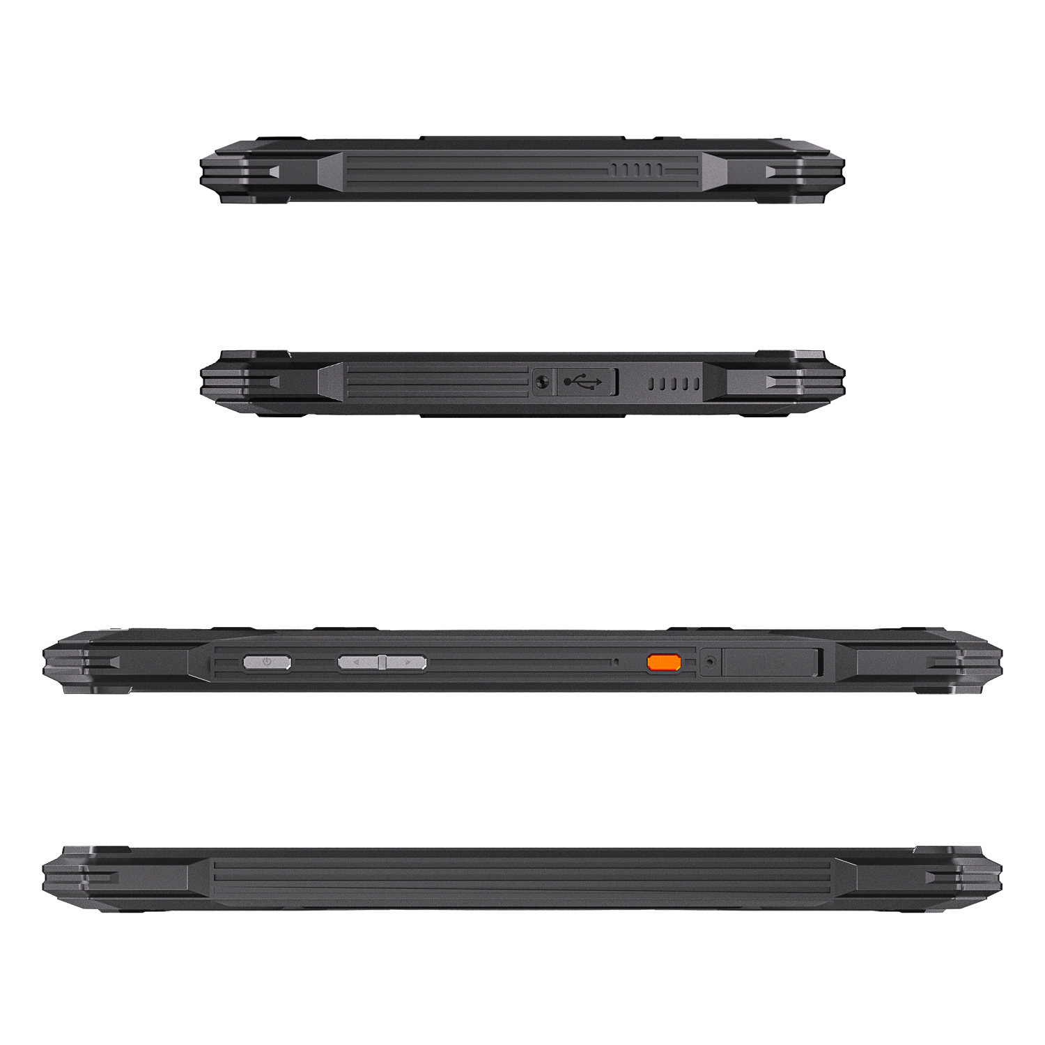 Cztery widoki wytrzymałego czarnego telefonu pokazujące boczne przyciski i porty.