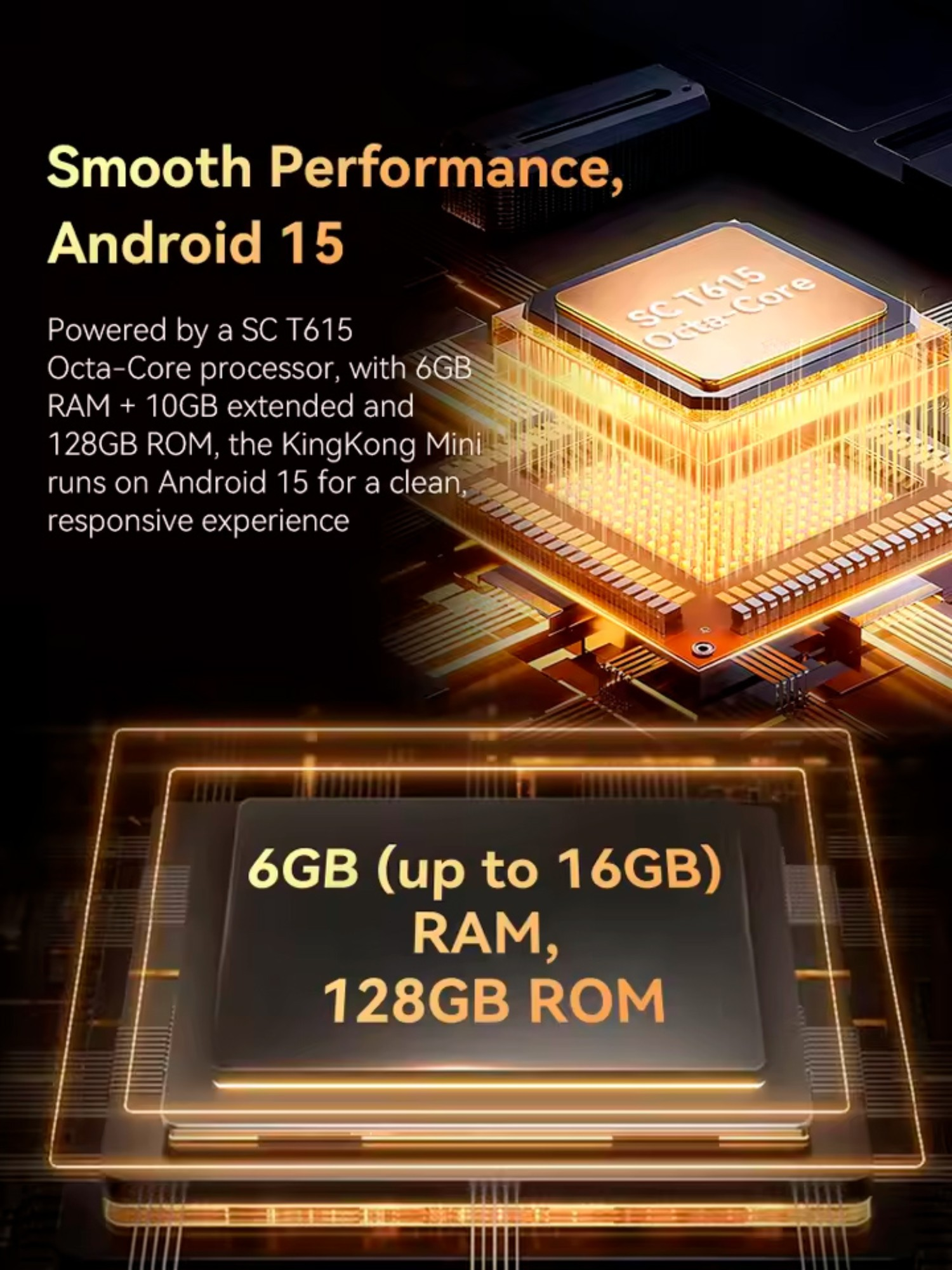 Procesor i specyfikacje RAM/ROM na ciemnym tle.