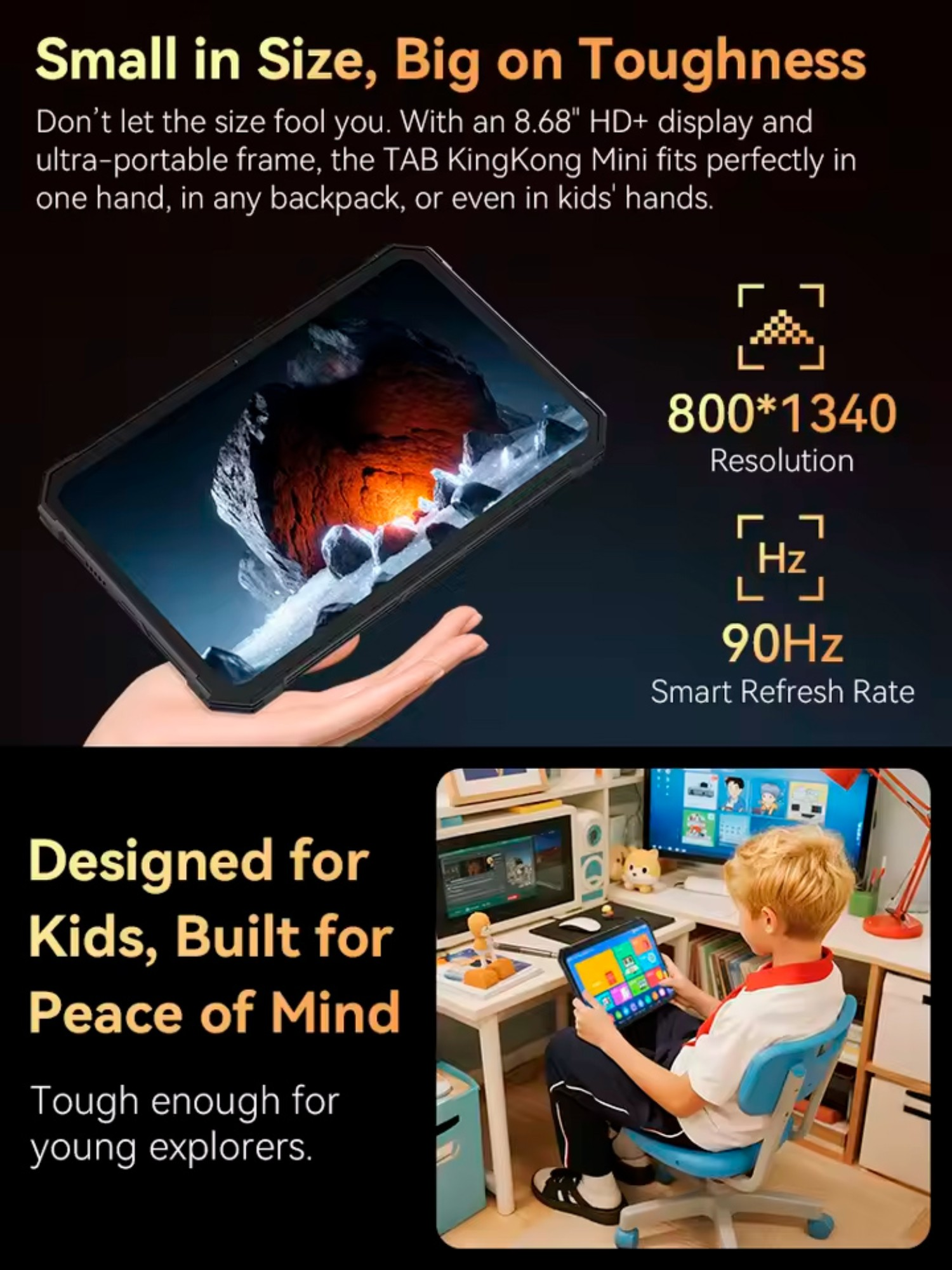 Tablet trzymany w dłoni, wyświetlana rozdzielczość i częstotliwość odświeżania. Dziecko używa tabletu przy biurku.