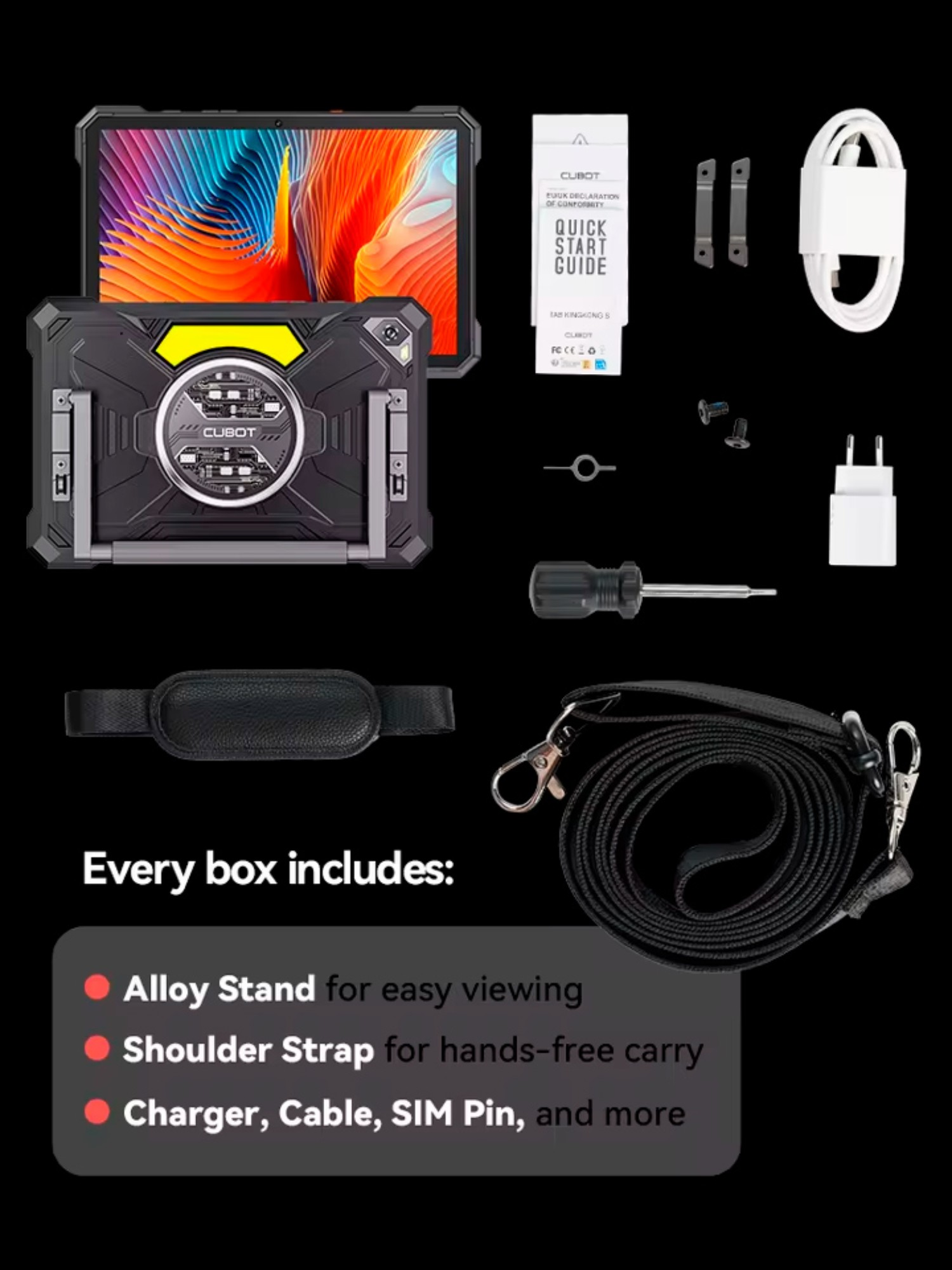 Una tableta resistente, manual, cable de carga, cargador, tornillos, herramienta SIM y correa.