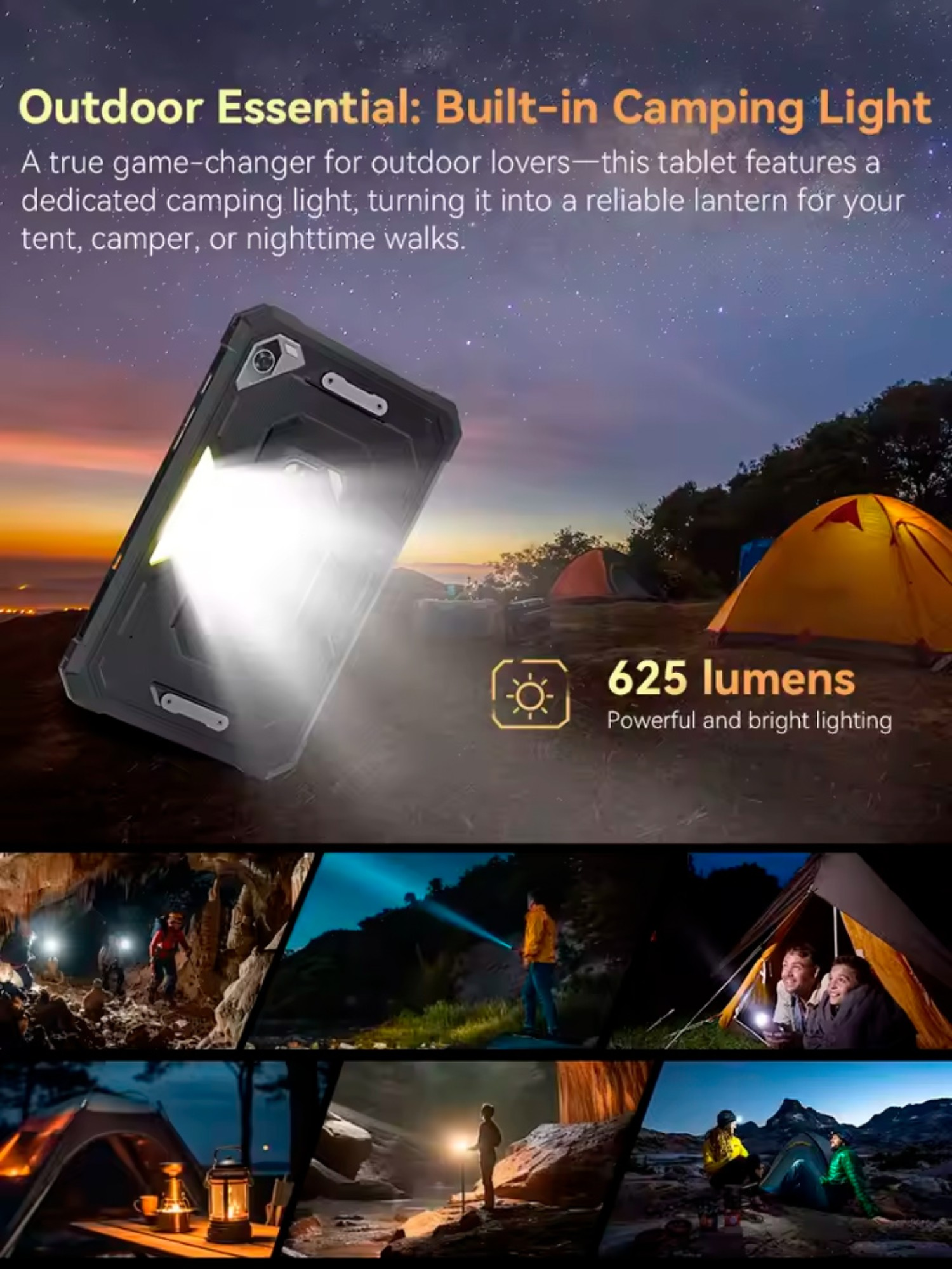 Wytrzymały tablet z wbudowanym światłem, używany jako latarnia kempingowa.