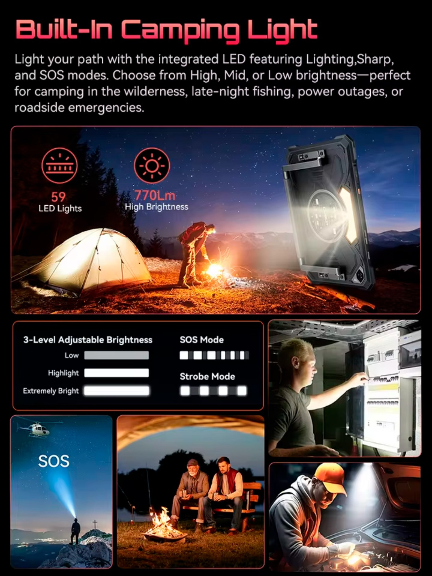 Latarka kempingowa z diodą LED, namiotem, ogniskiem i gwiaździstym niebem.