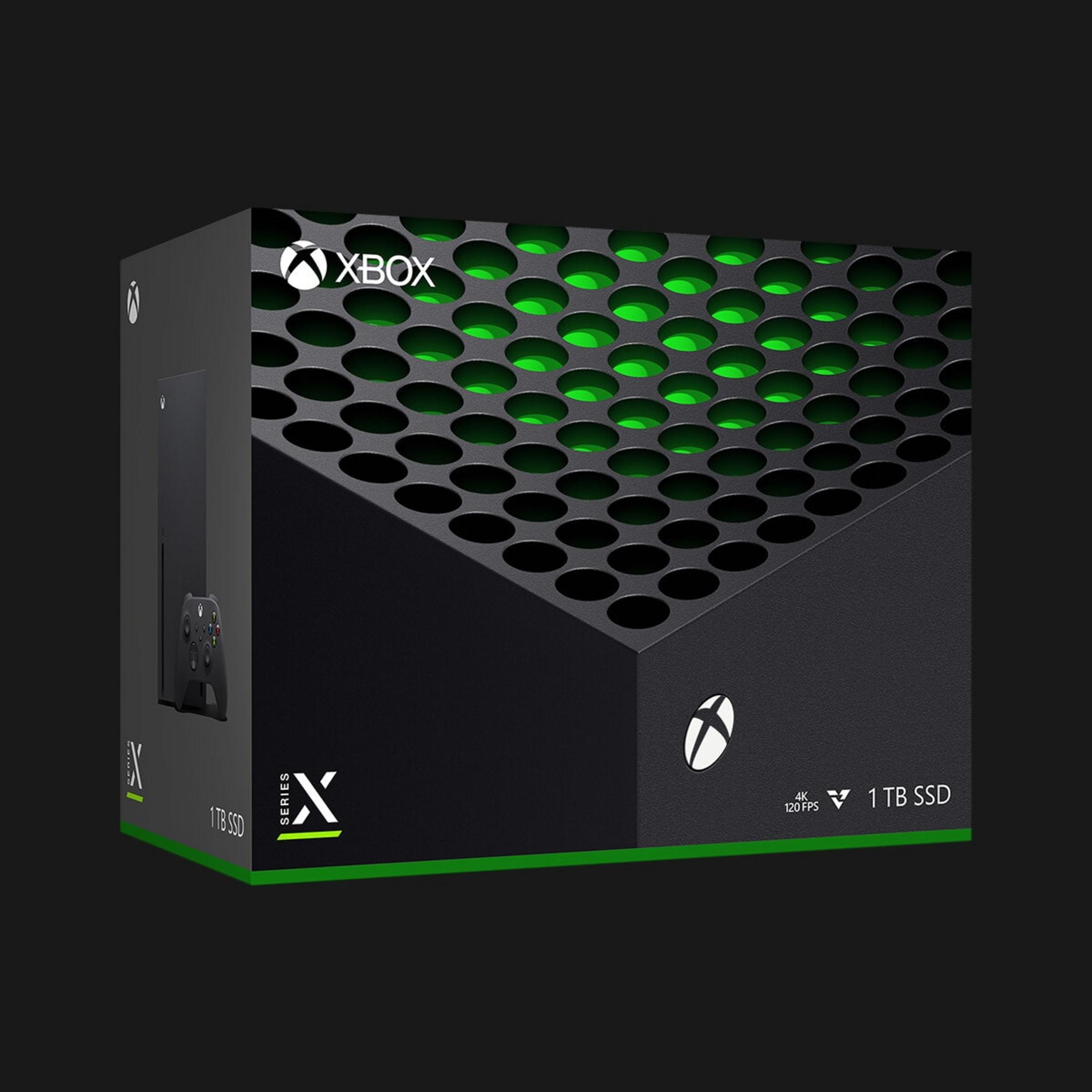 Konsola i kontroler Xbox Series X, czarny design z zielonymi akcentami.