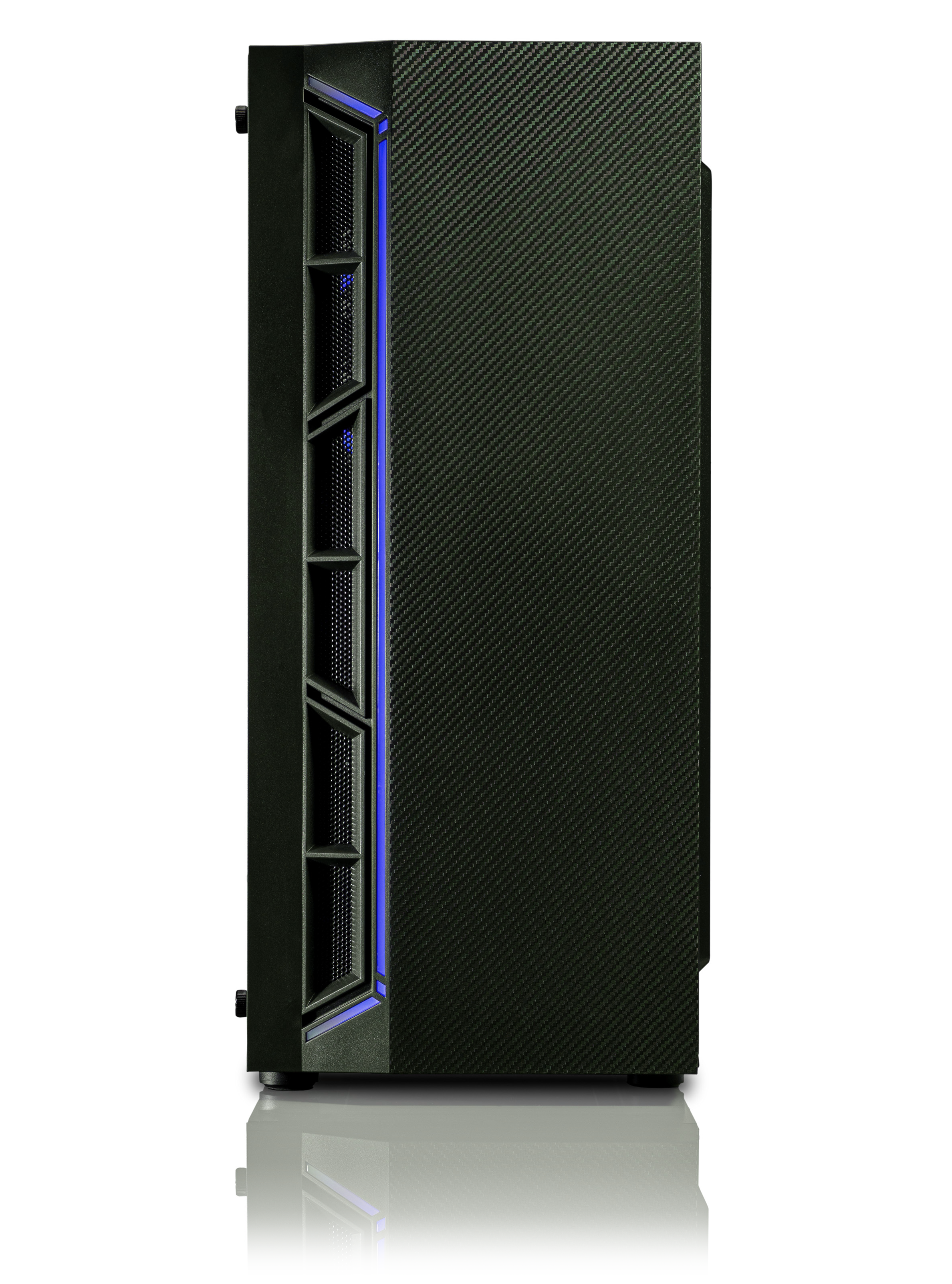 Czarna obudowa komputera z wzorem węglowym i niebieskimi diodami.