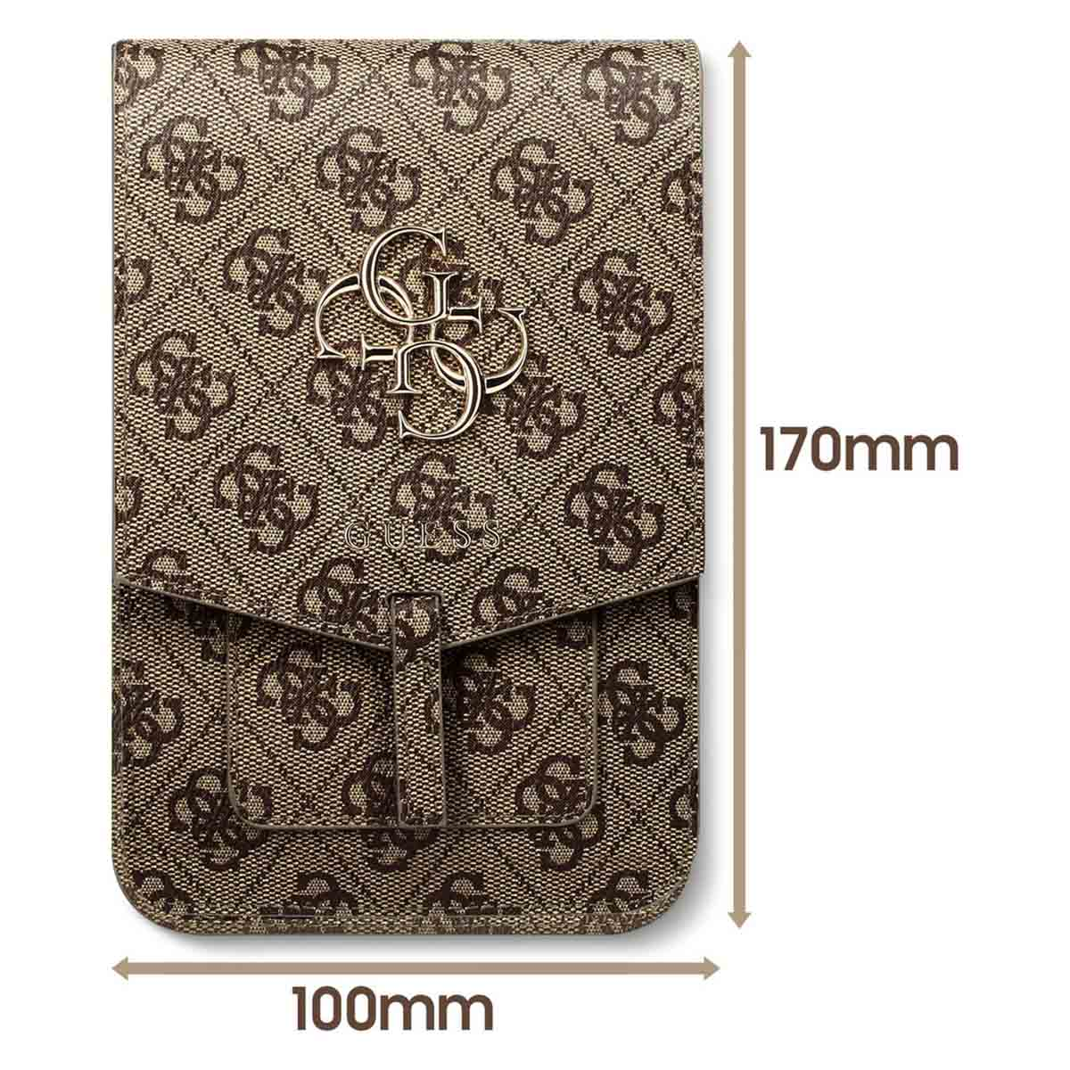 Un portafoglio marrone con logo Guess e fantasia monogramma.