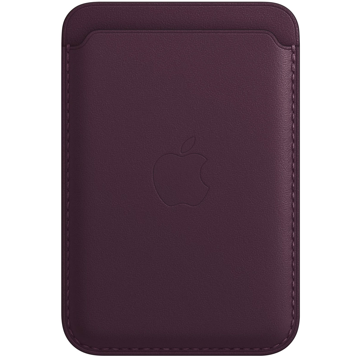 Portacarte in pelle viola scuro con logo Apple in rilievo.