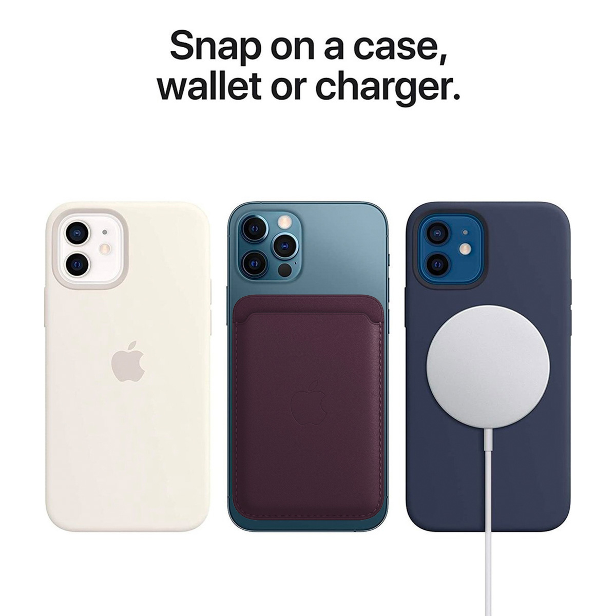 Tre iPhone con accessori: custodia bianca, portafoglio bordeaux e custodia blu con caricabatterie bianco.
