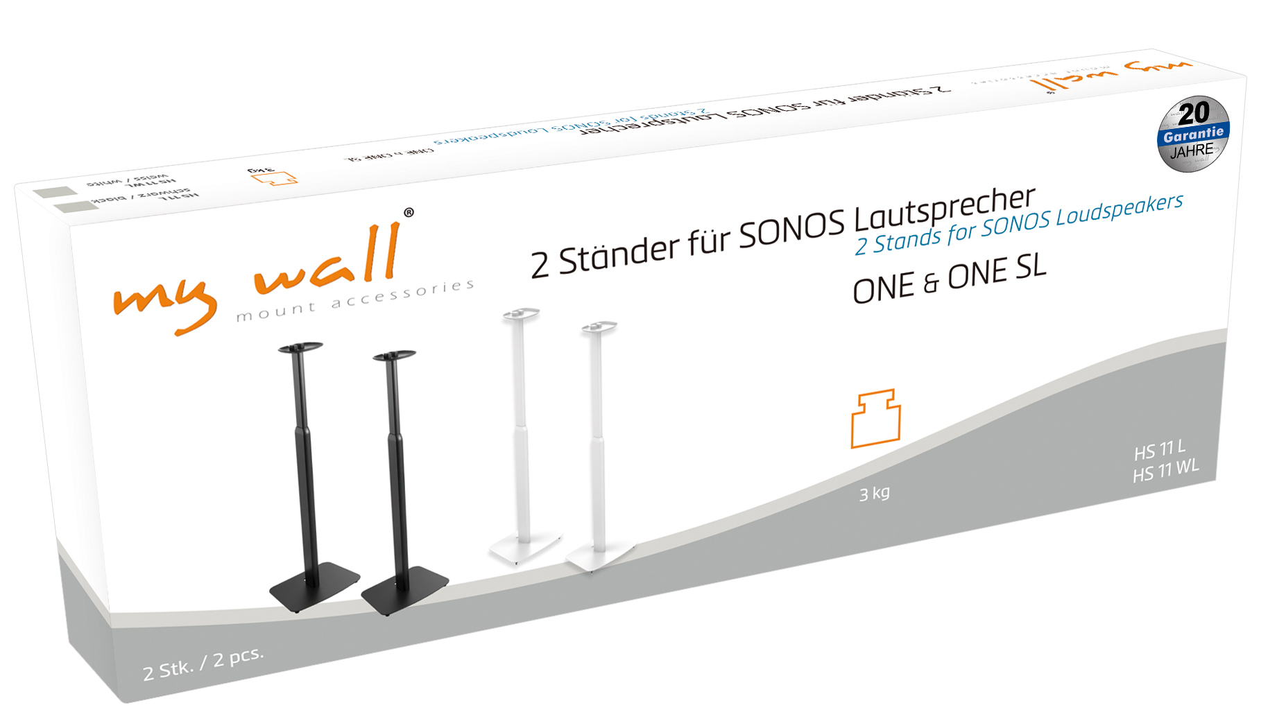Verpackung für 2 Lautsprecherständer für SONOS ONE & ONE SL, schwarz und weiß.