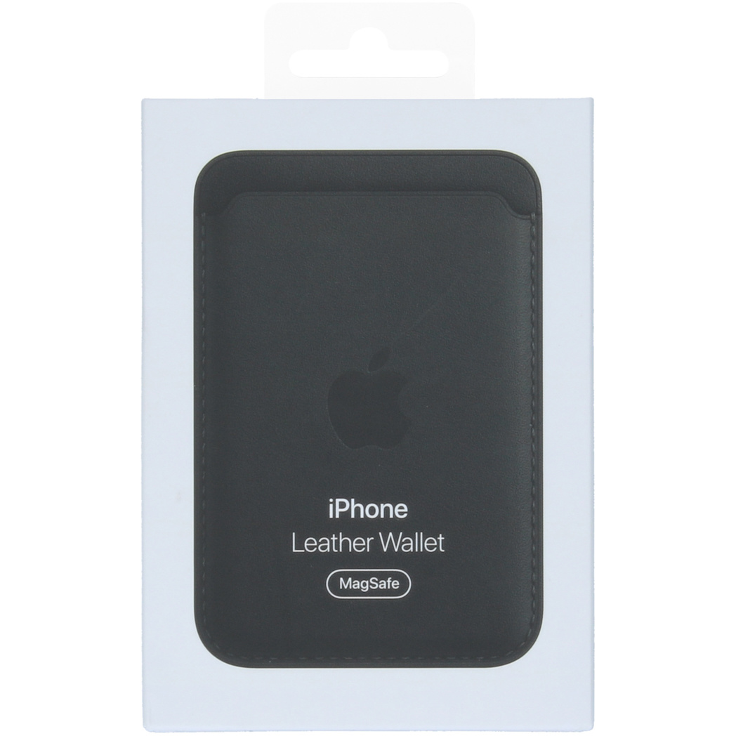 Schwarzes iPhone Leder Wallet mit MagSafe in Verpackung.