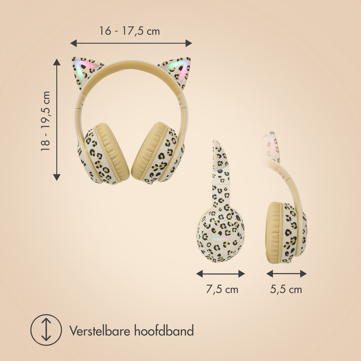 Headphones with leopard print, light-up ears, and size dimensions shown.