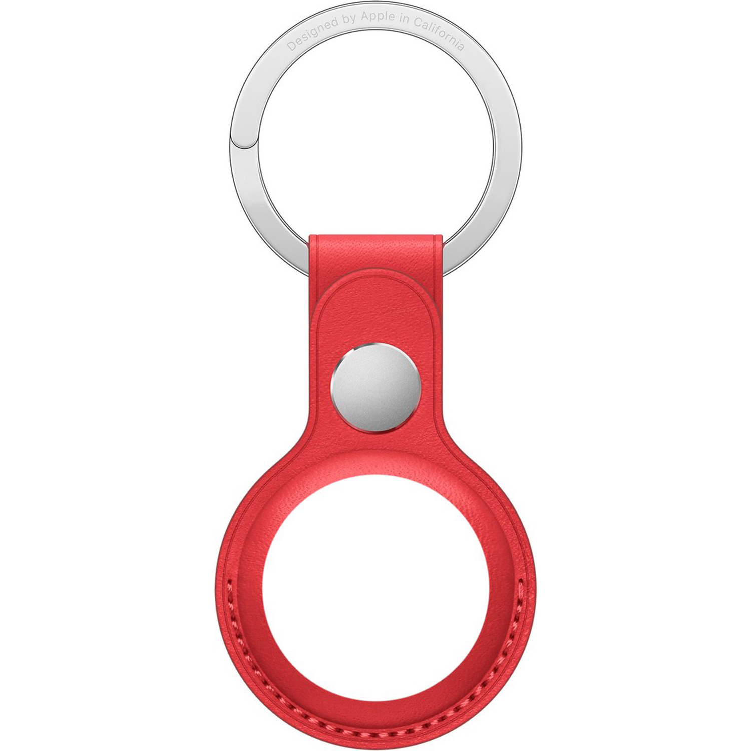 Roter Leder-Schlüsselanhänger mit silbernem Ring und Prägung.