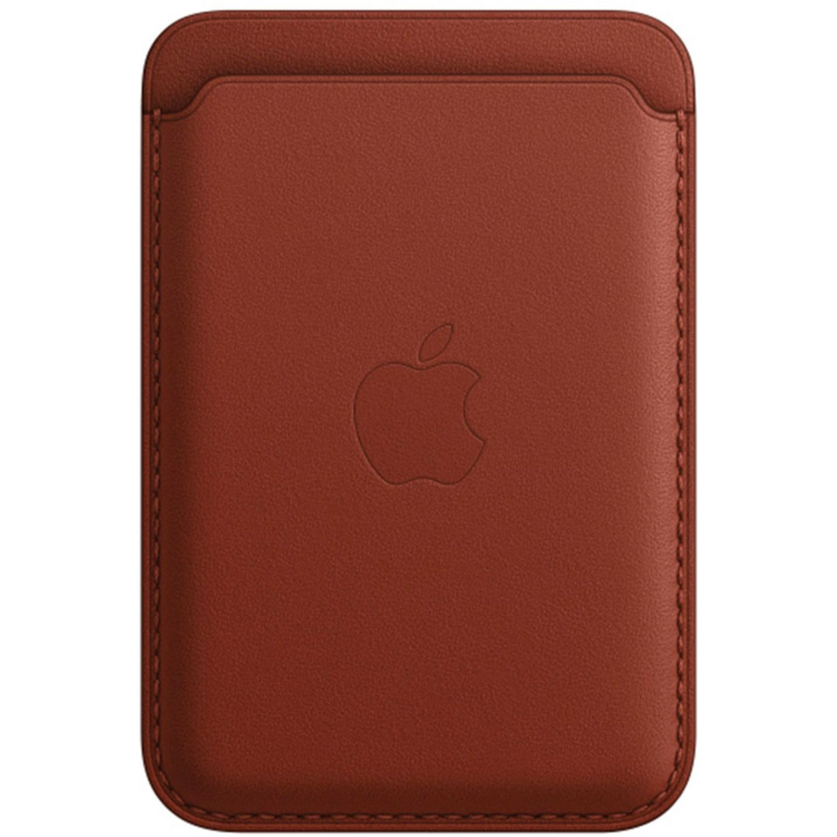 Eine braune Lederhülle mit einem geprägten Apple-Logo auf der Vorderseite.