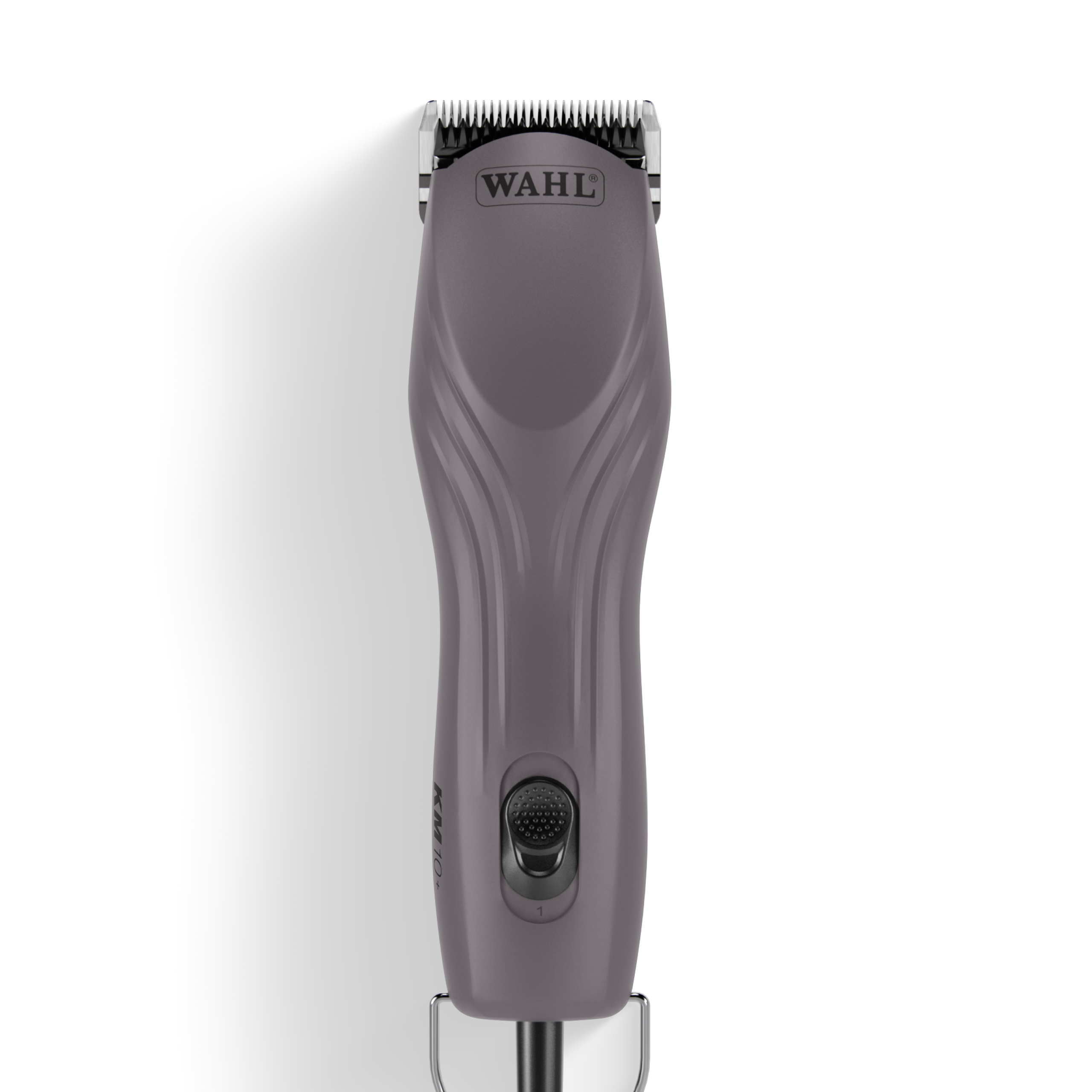 Ein grauer WAHL Haarschneider mit silbernen Klingen und einem schwarzen Schalter.