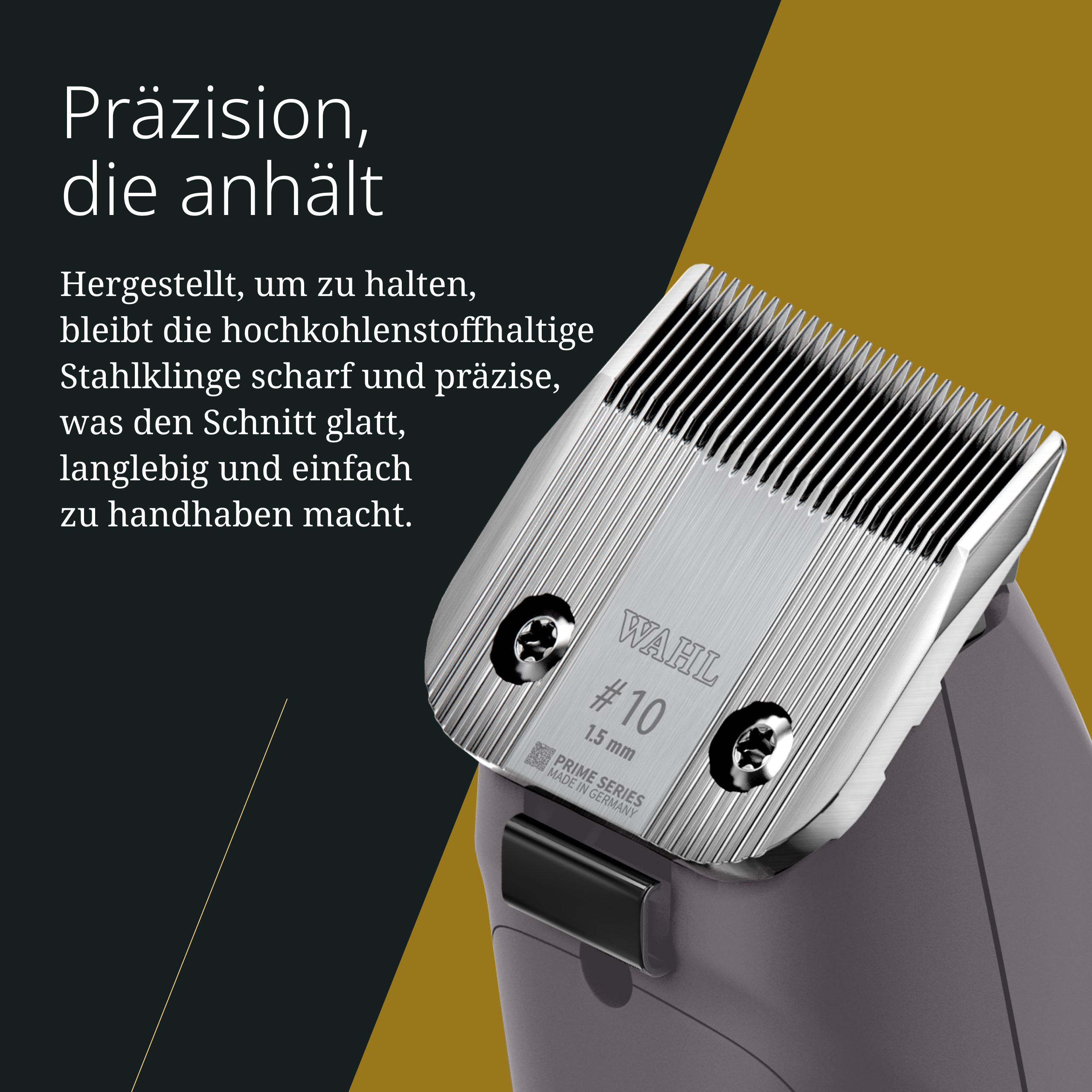 Nahaufnahme einer silbernen Haarschneidemaschine-Klinge mit der Aufschrift WAHL #10.