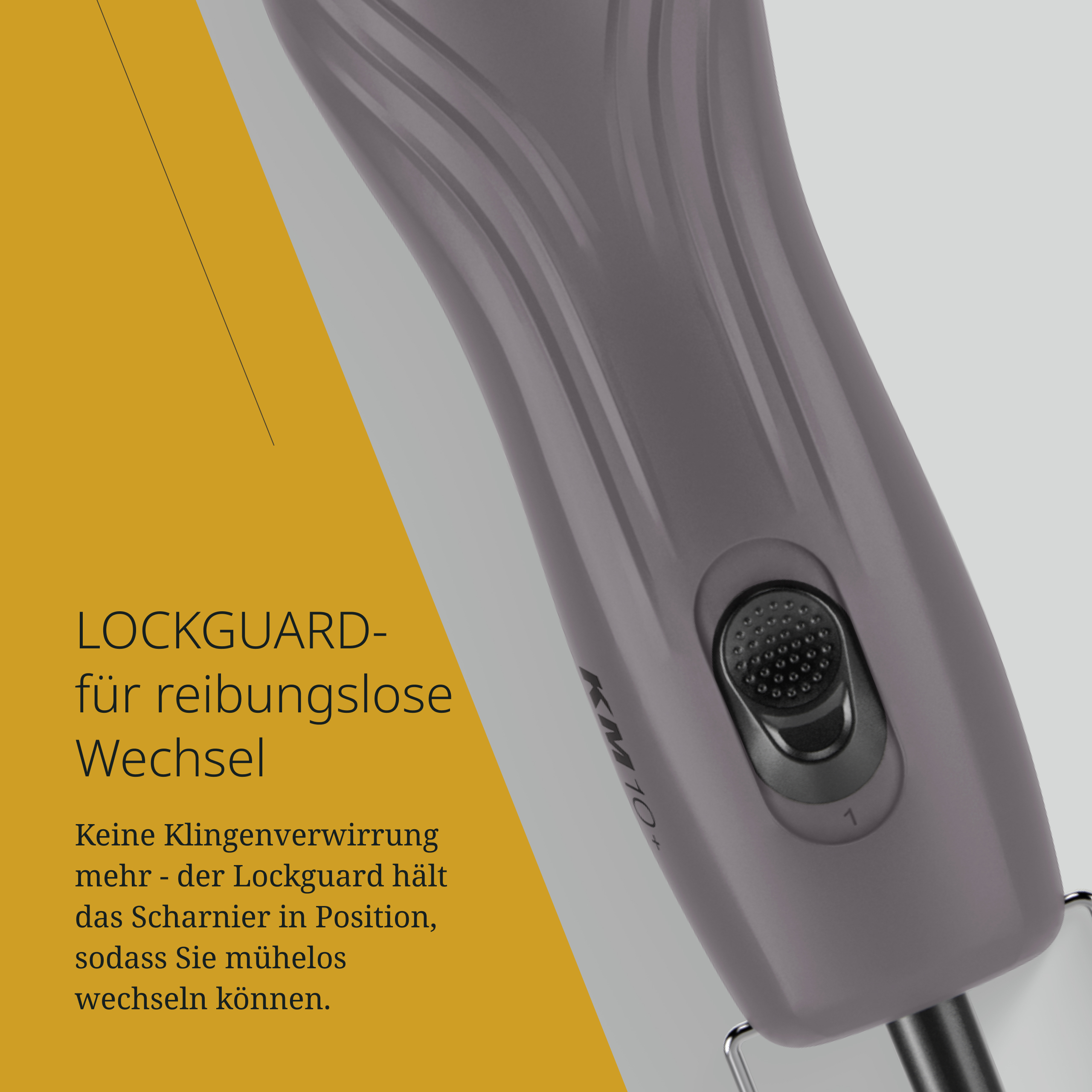 Grauer Mixeraufsatz mit gelbem und weißem Hintergrund. Text auf Deutsch.