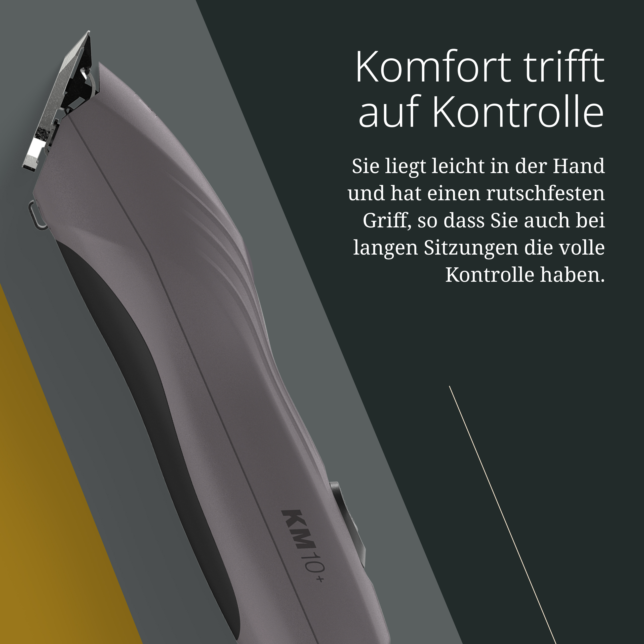 Grauer Haarschneider mit silbernen Klingen und Text.
