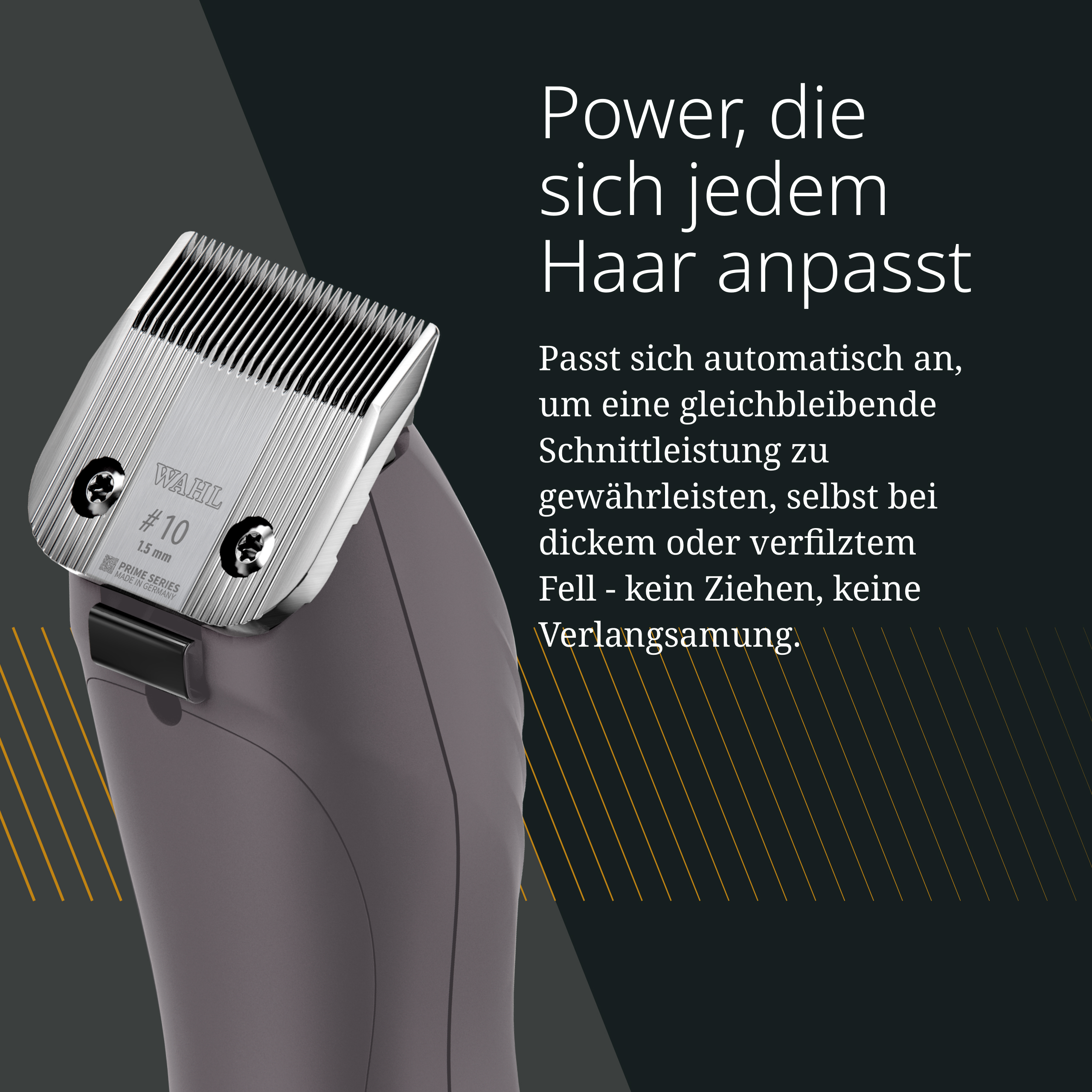 Nahaufnahme einer silbernen Haarschneidemaschine mit silbernem Aufsatz und grauem Griff.