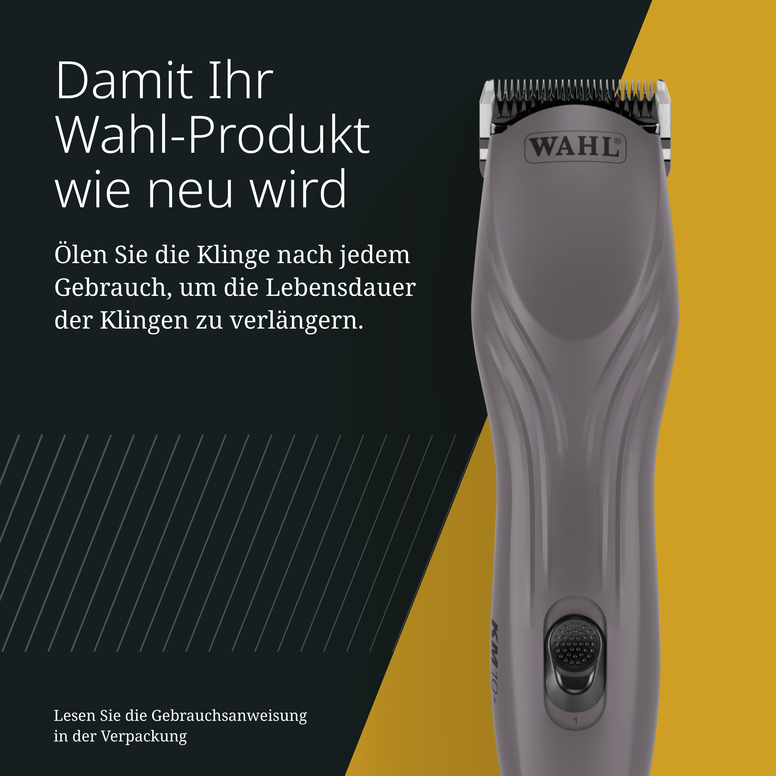 Ein grauer Wahl Haarschneider mit gelbem Hintergrund. Zeigt Pflegehinweise.