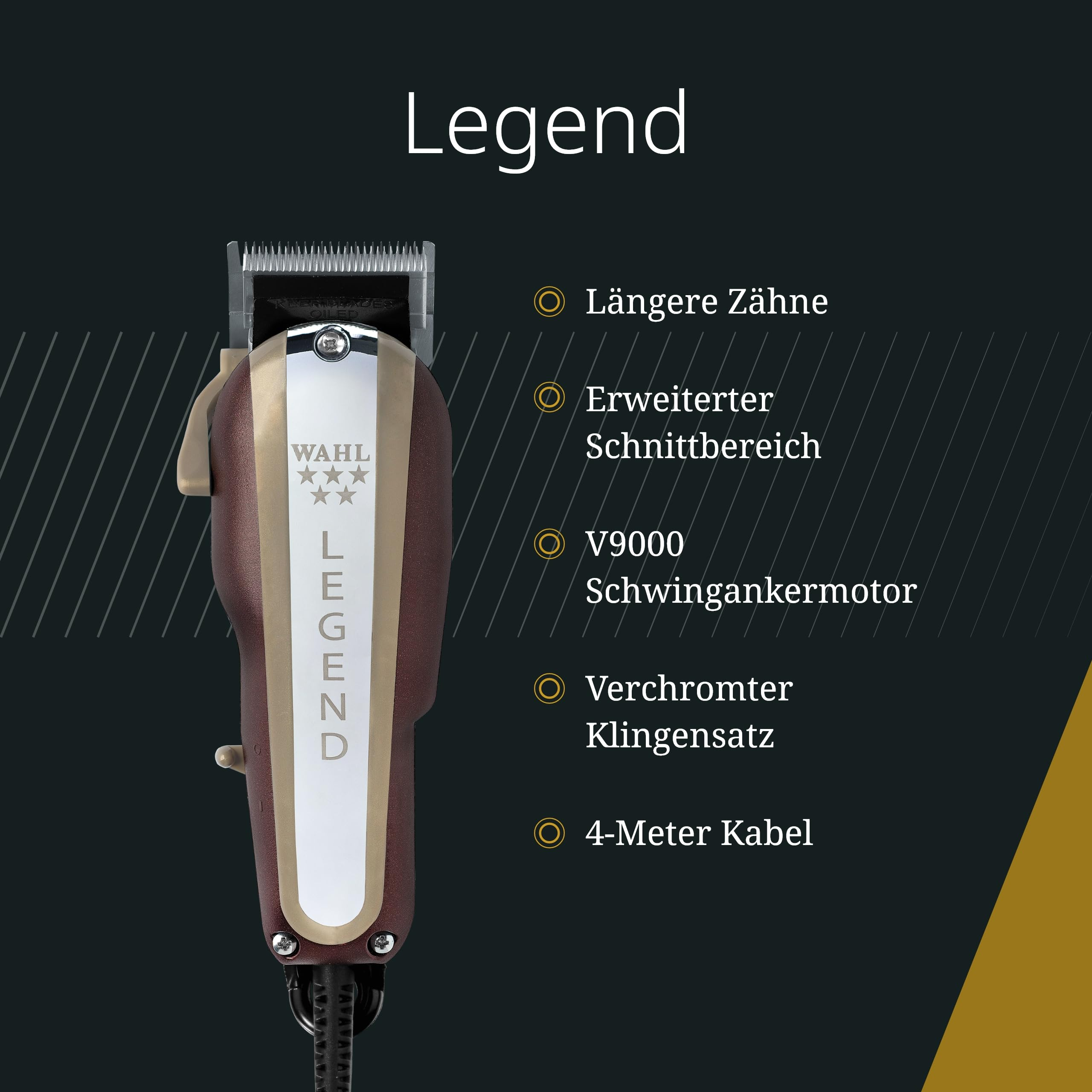 Una cortapelos WAHL Legend con mango marrón y detalles plateados.