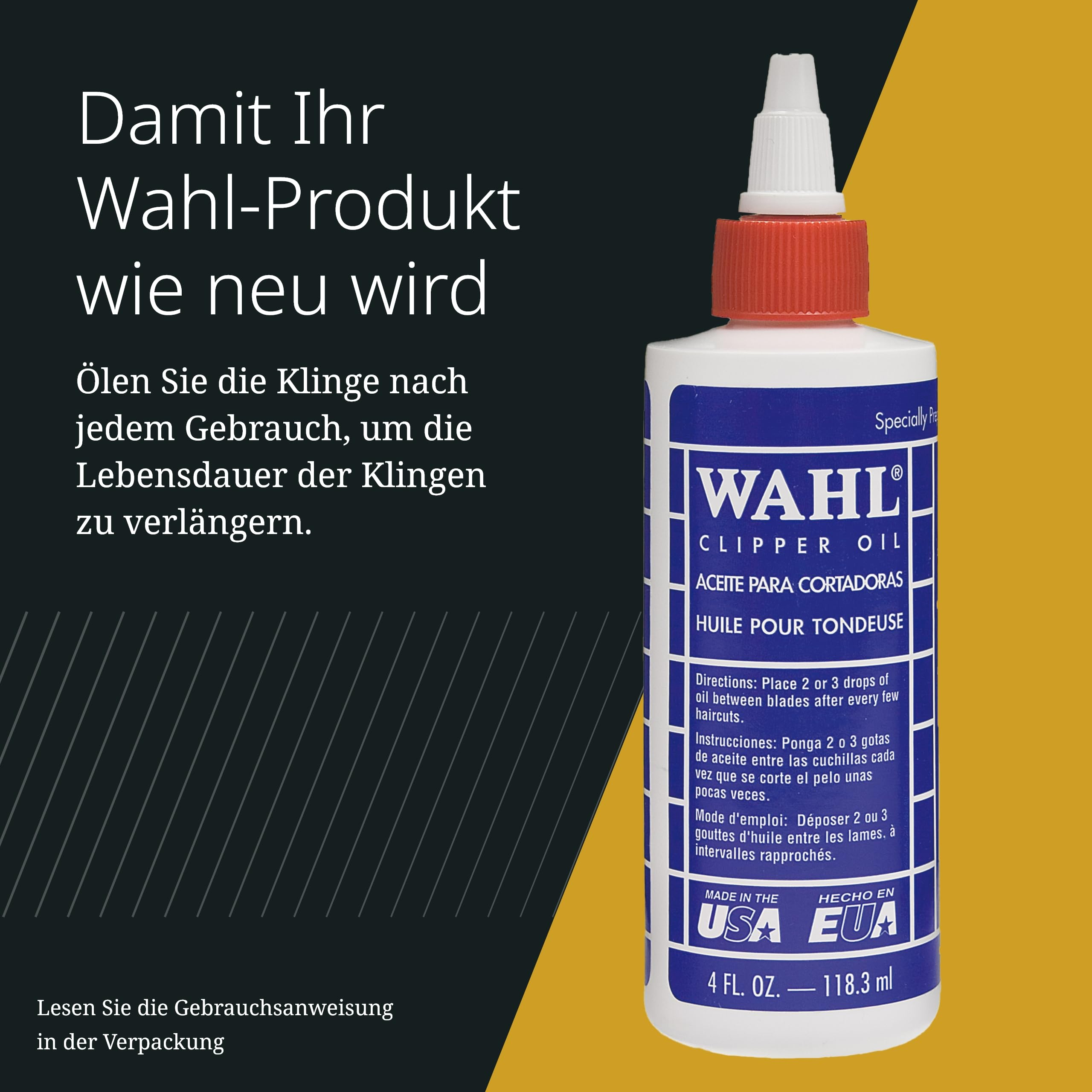Botella de aceite Wahl Clipper con tapa roja sobre fondo oscuro con franja amarilla.