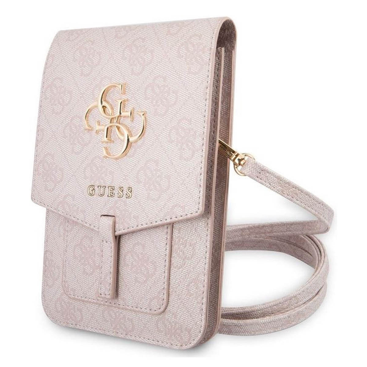 Una borsa per telefono Guess marrone chiaro con motivo a logo e hardware dorato.