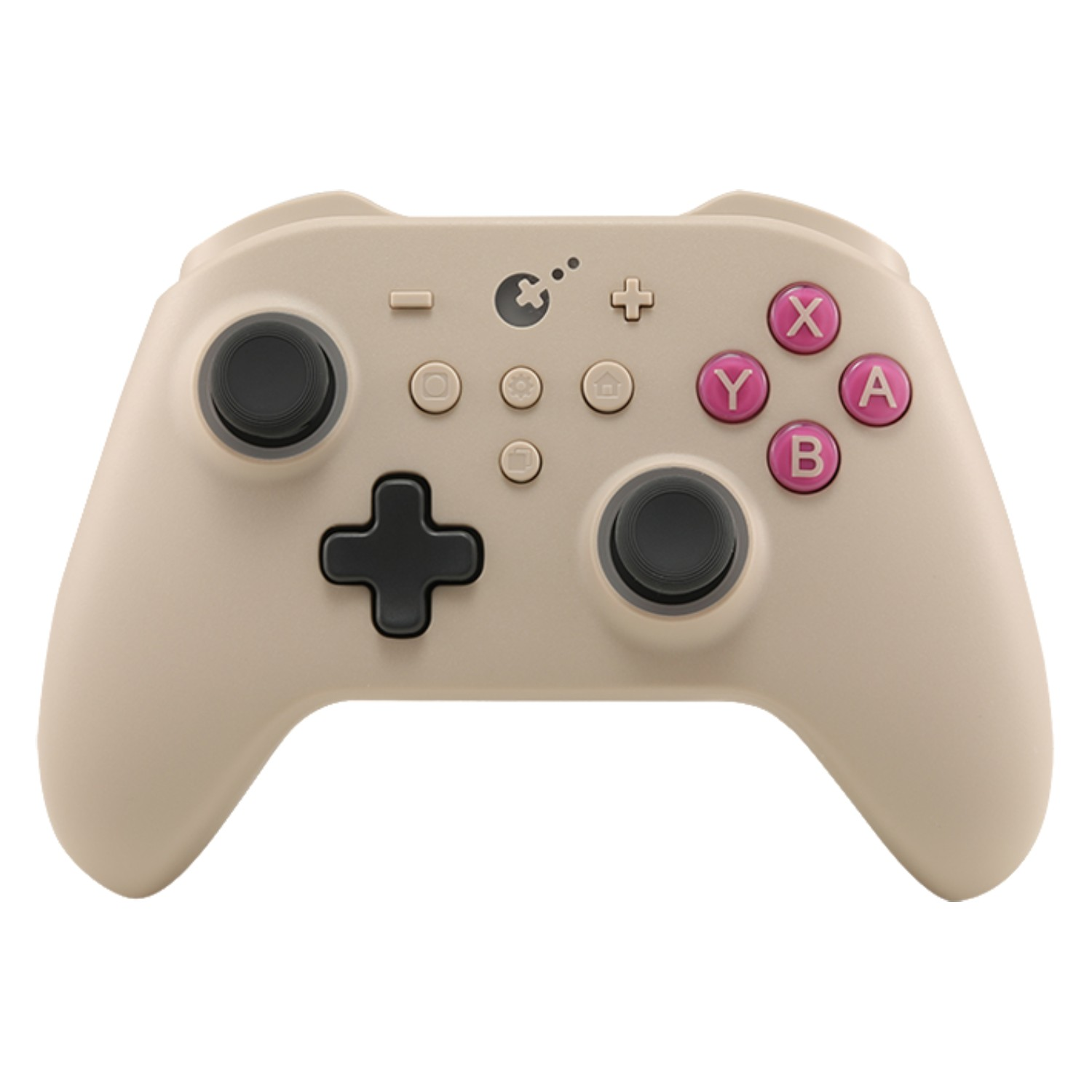 Un mando de juegos beige con sticks negros y botones rosas.