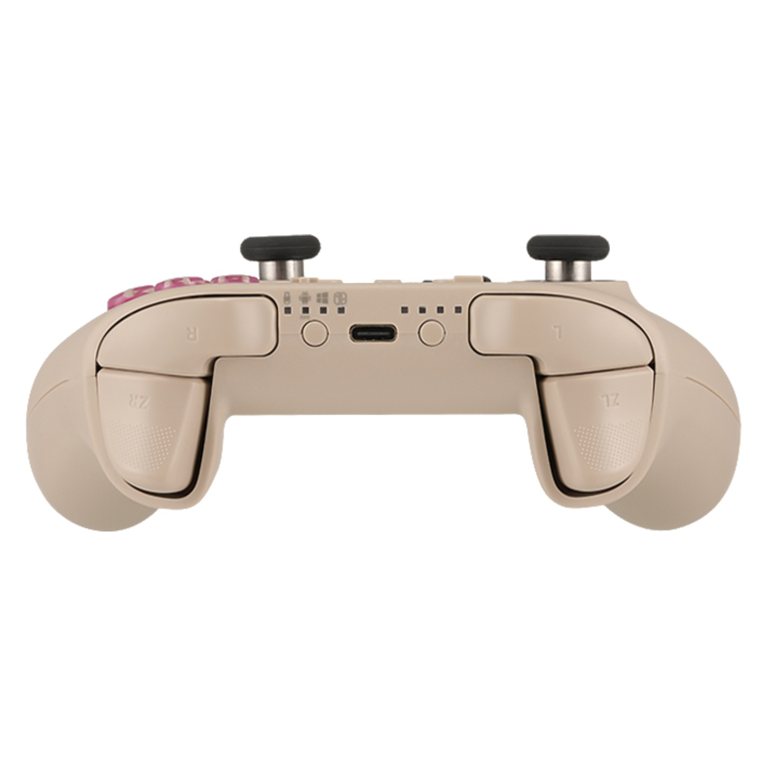 Un mando de juego beige con dos joysticks y botones.