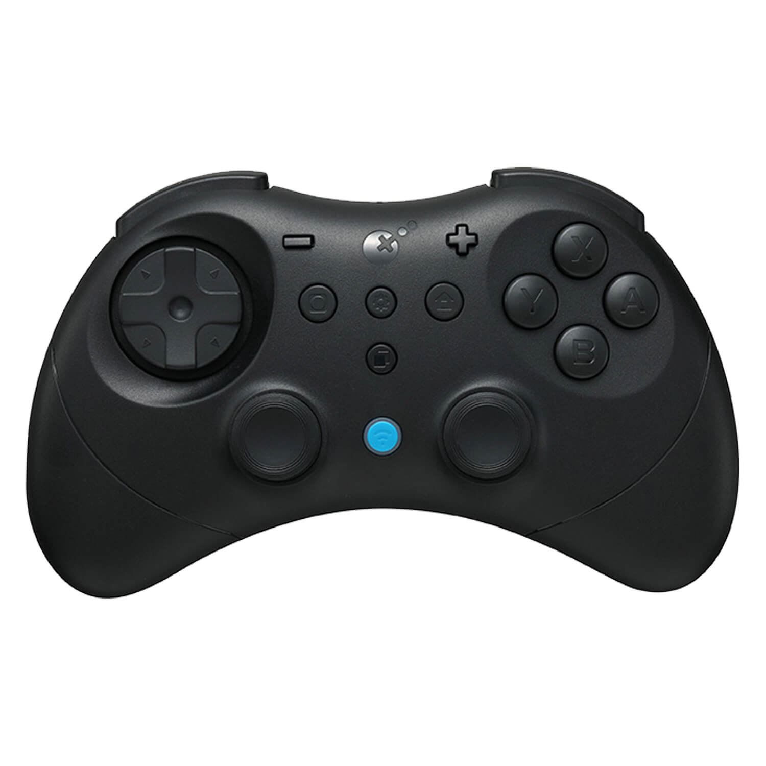 Mando de videojuegos negro con D-pad, botones y sticks analógicos.