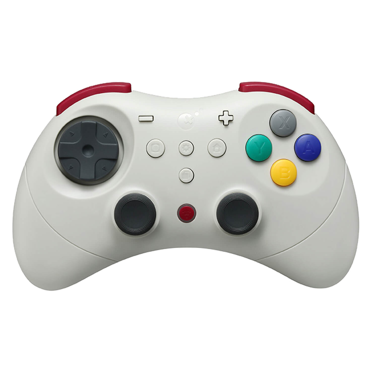 Un mando de juego blanco con detalles rojos y muchos botones.
