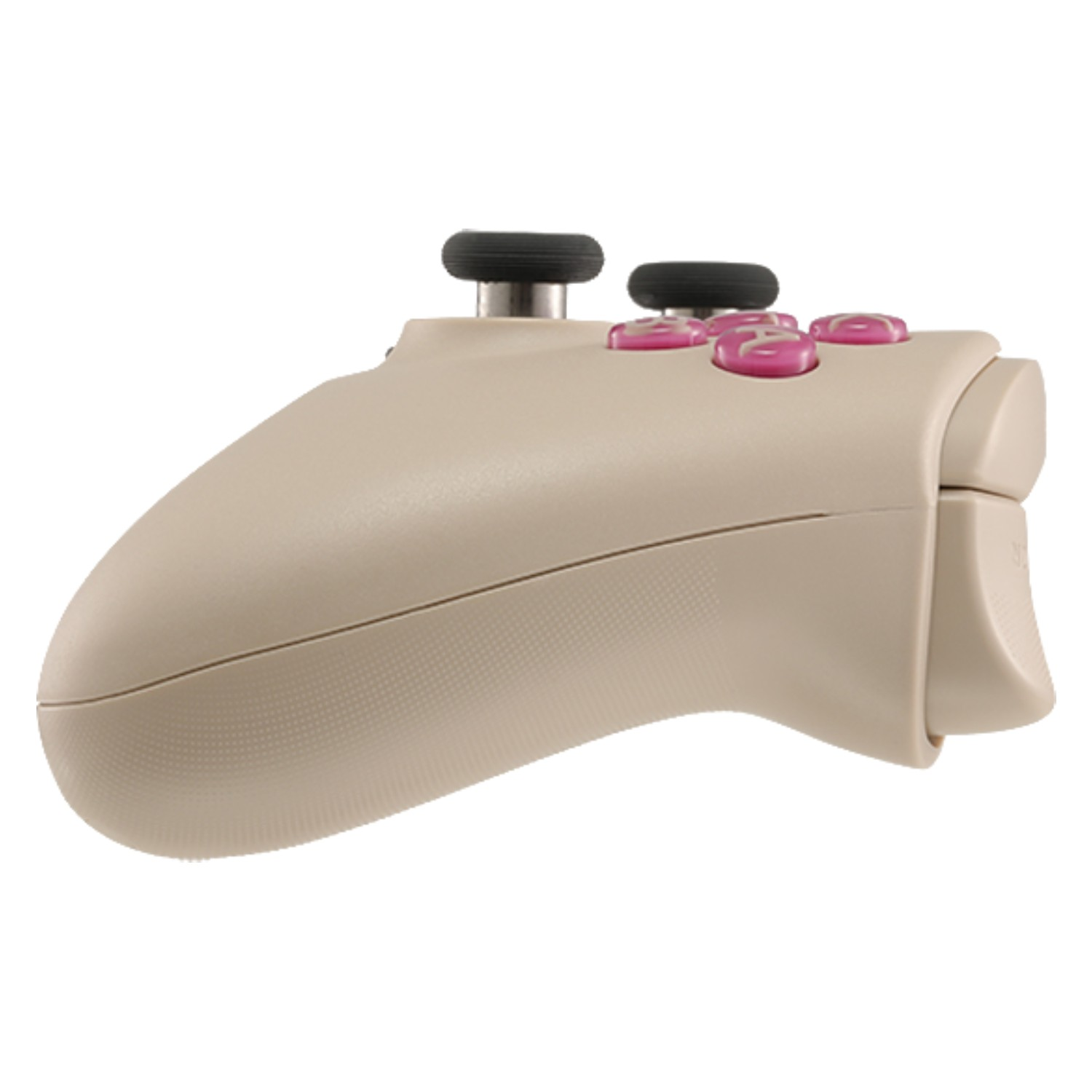 Un mando beige con botones y joysticks negros y rosas.
