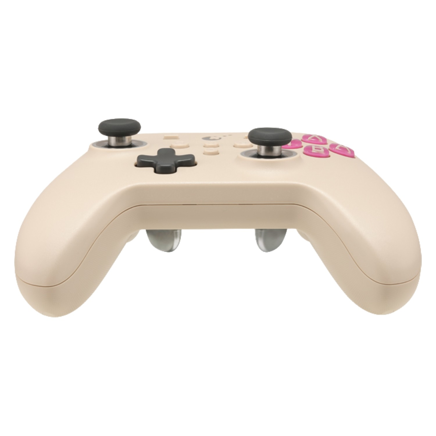 Un mando de videojuegos beige con joysticks negros y botones rosas.