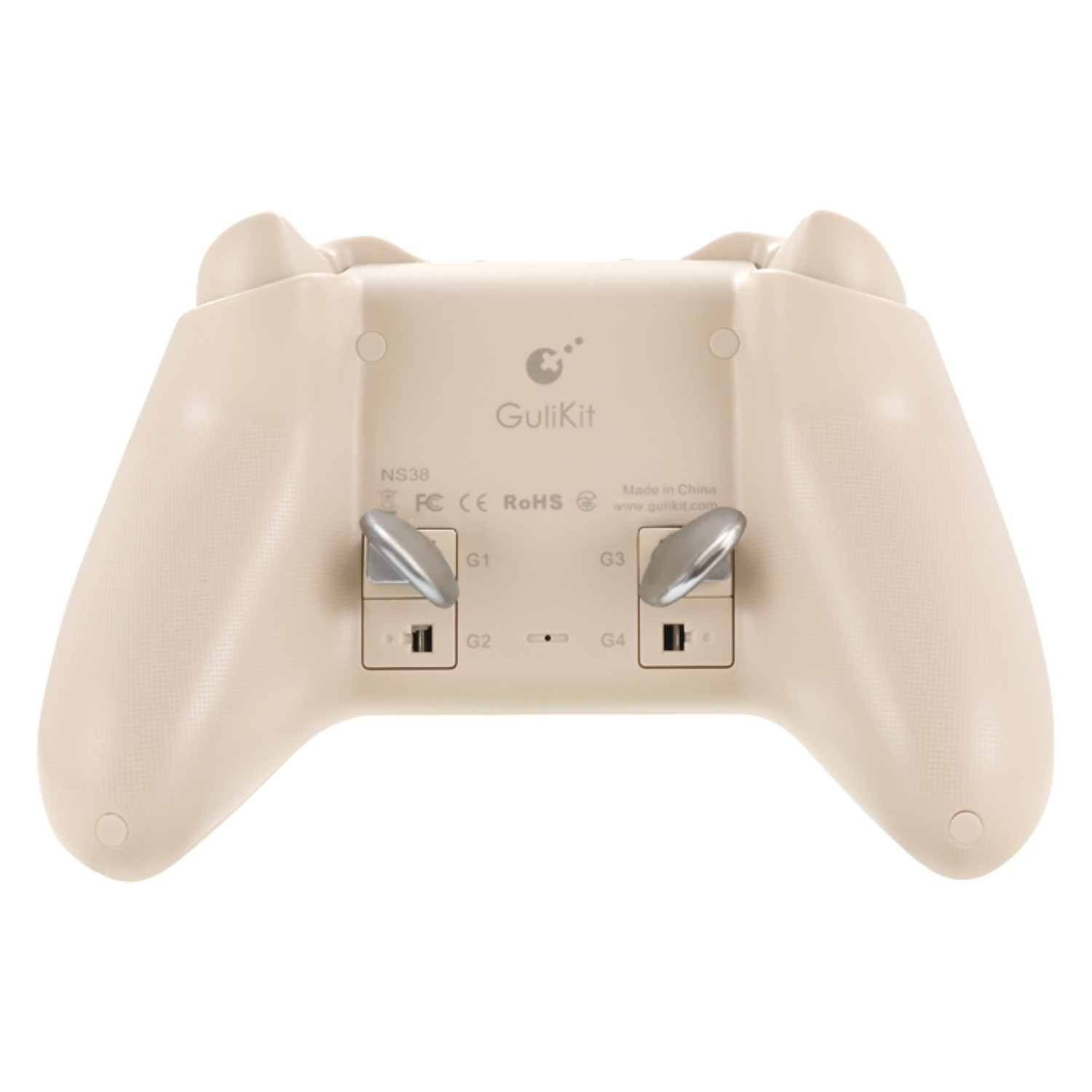 Mando de juego beige con interruptores plateados y etiquetas.