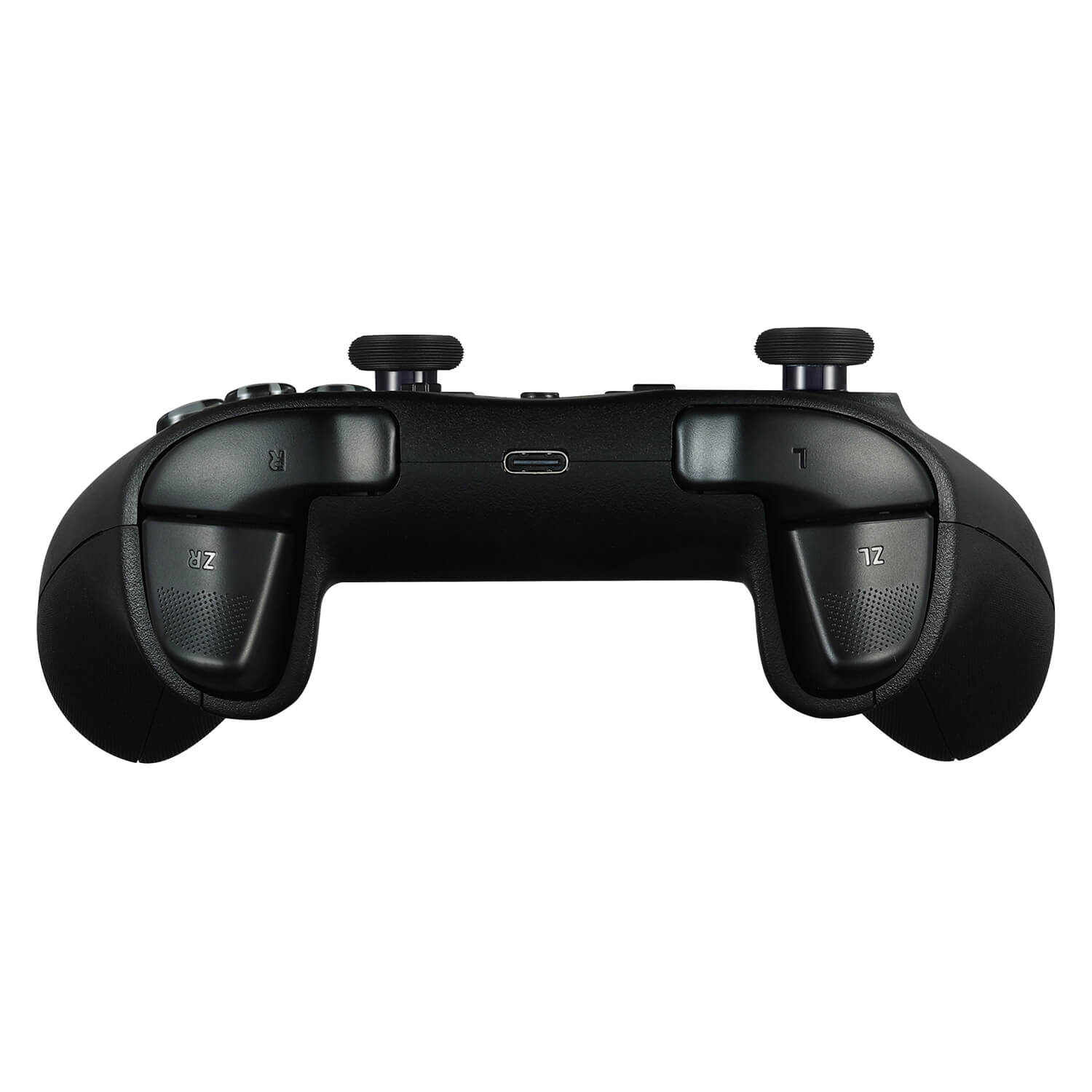 Joystick, düğme ve USB-C bağlantı noktasına sahip siyah oyun kumandası.