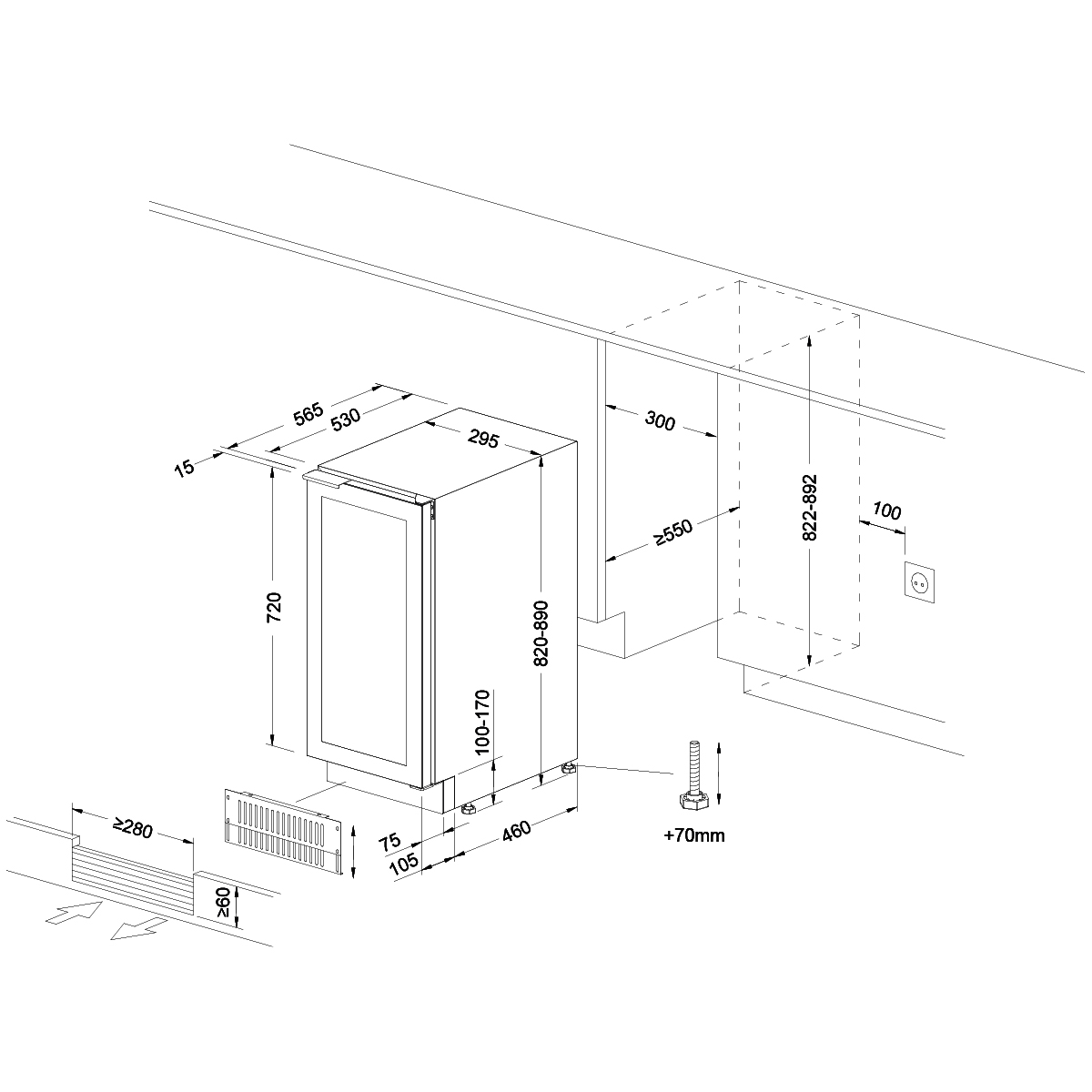 Dibujo técnico de un refrigerador con dimensiones y guía de instalación.