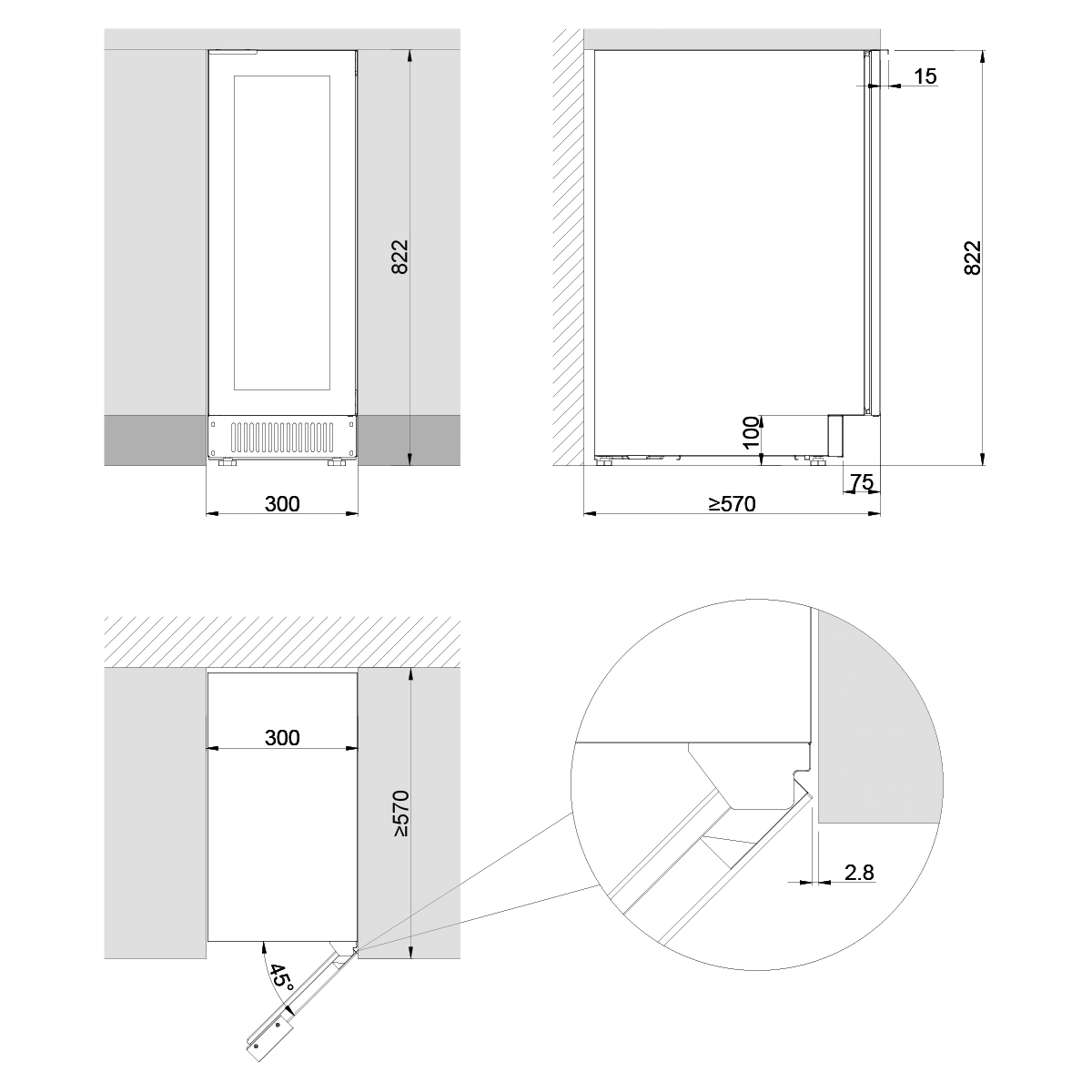 Dibujo técnico de un electrodoméstico empotrado con dimensiones de ancho, alto y fondo.