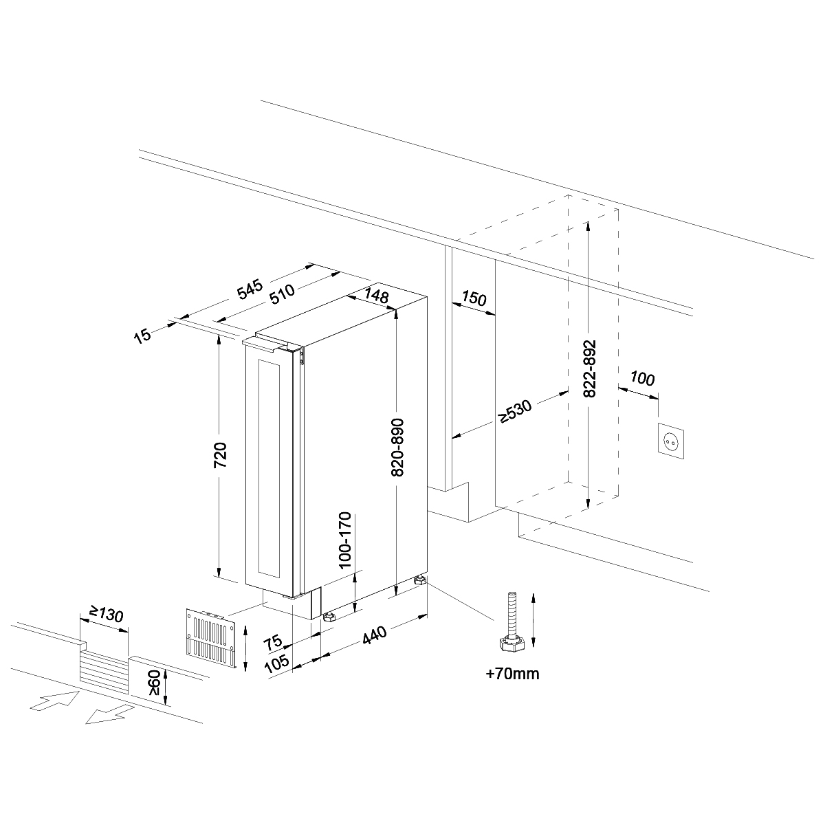 Dibujo técnico con dimensiones de un electrodoméstico empotrado y espacio de instalación.