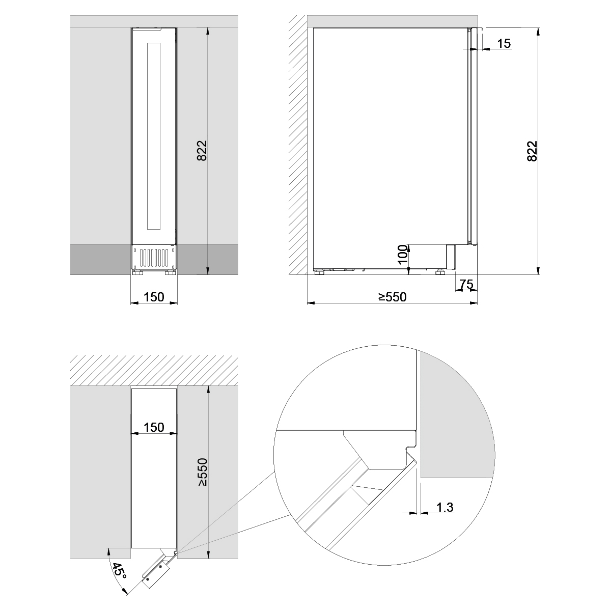 Dibujo técnico de una unidad de refrigeración empotrada con dimensiones.