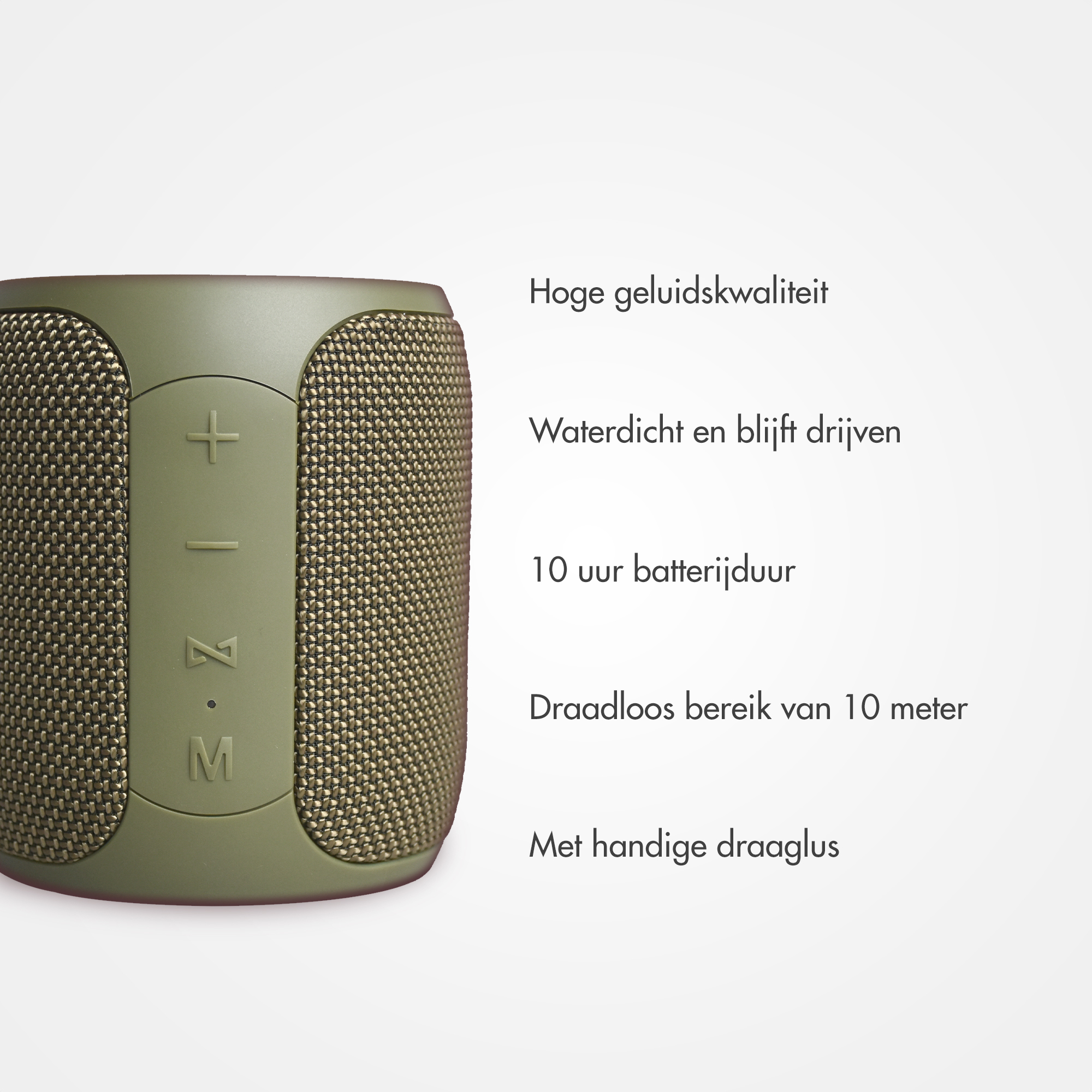 Groene speaker met plus/min en M knoppen. Hoge geluidskwaliteit, waterdicht.