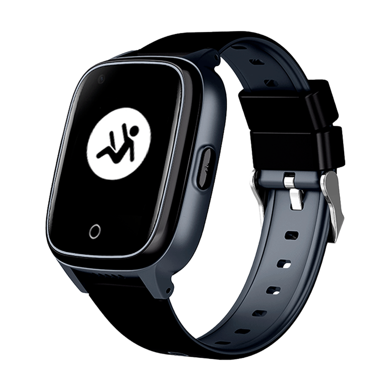 Eine Uhr mit schwarzem Zifferblatt und einem weißen Männchen-Symbol.
