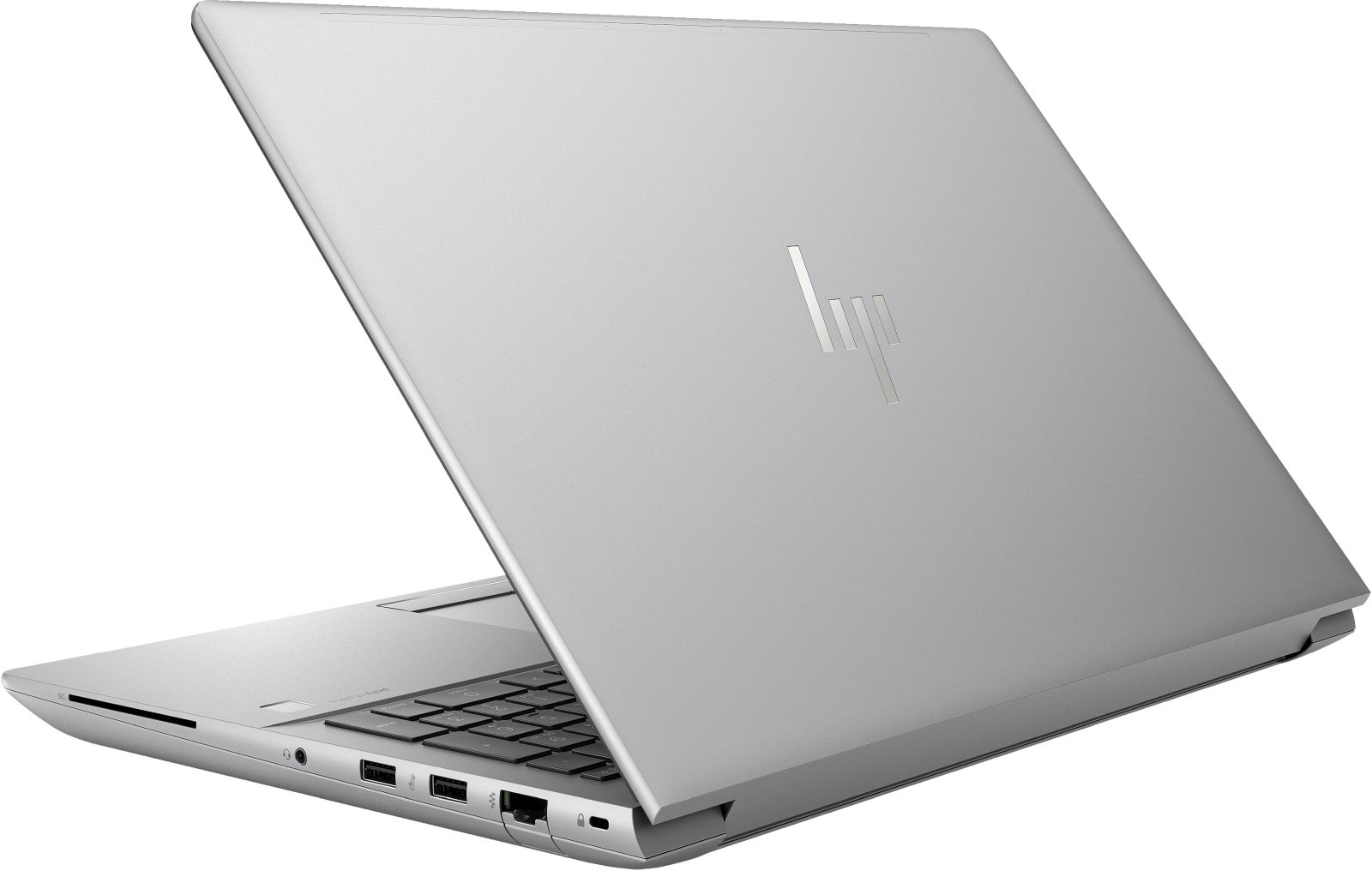 Un portátil HP plateado con la tapa abierta, mostrando teclado y puertos.