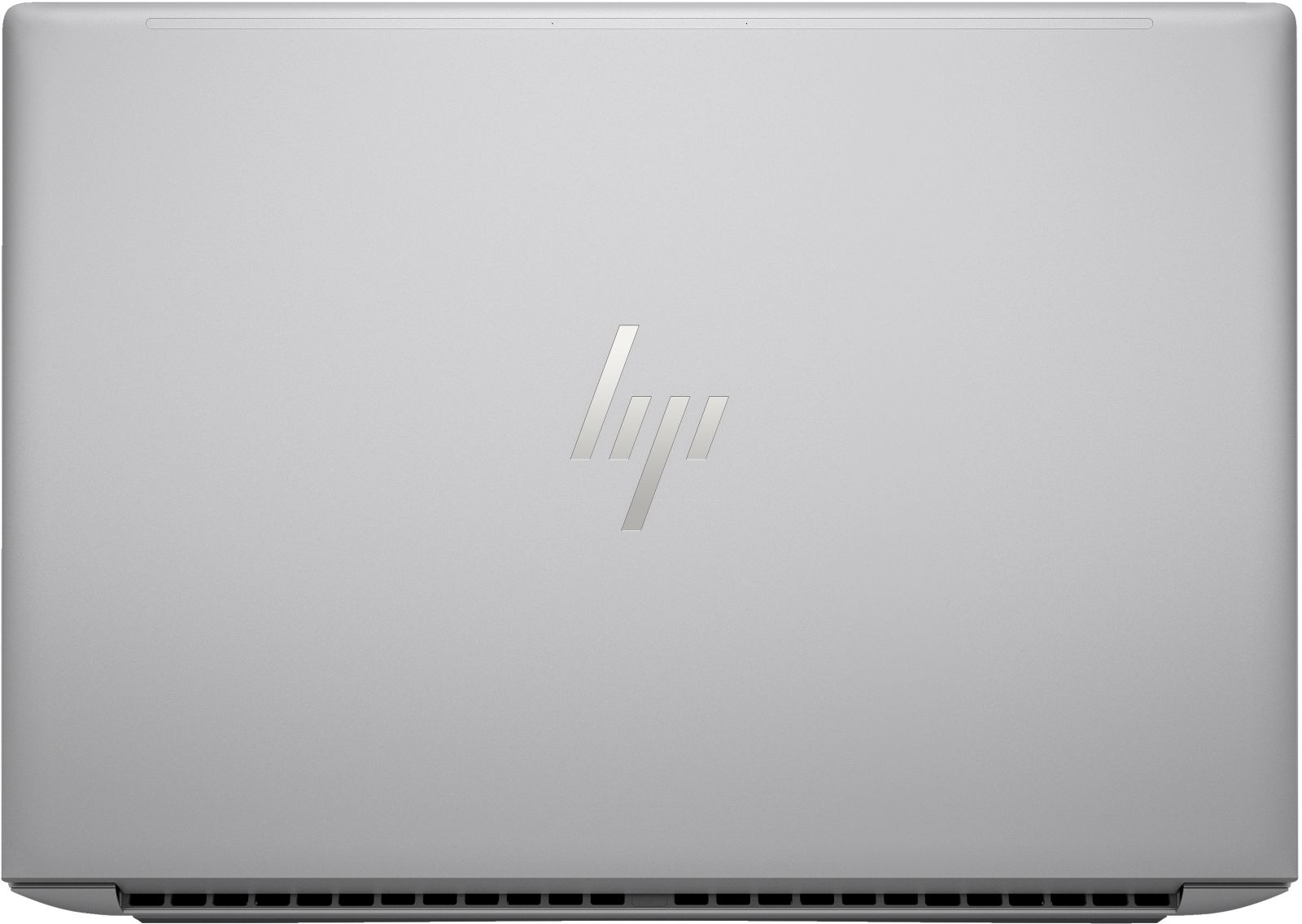 Portátil plateado con logo de HP. Rejillas de ventilación abajo.