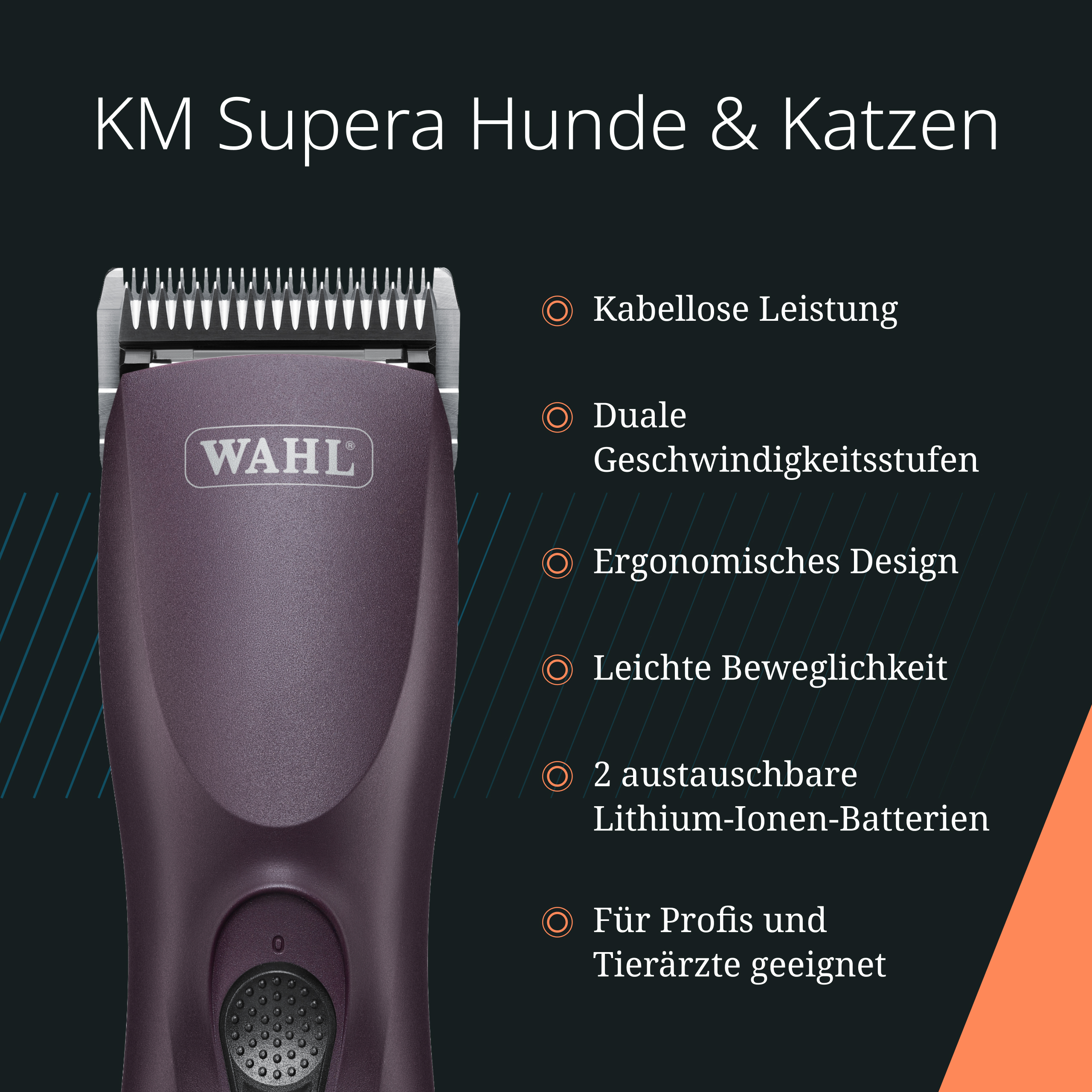 Lila WAHL Haarschneidemaschine mit Metallklinge und Text.