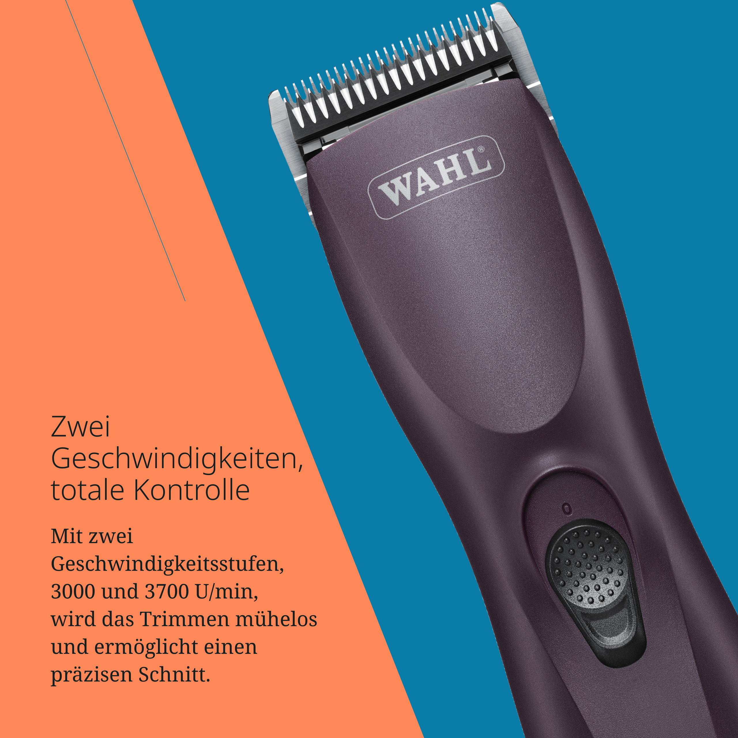Ein violetter WAHL Haarschneider mit Klingen und Bedienelementen.